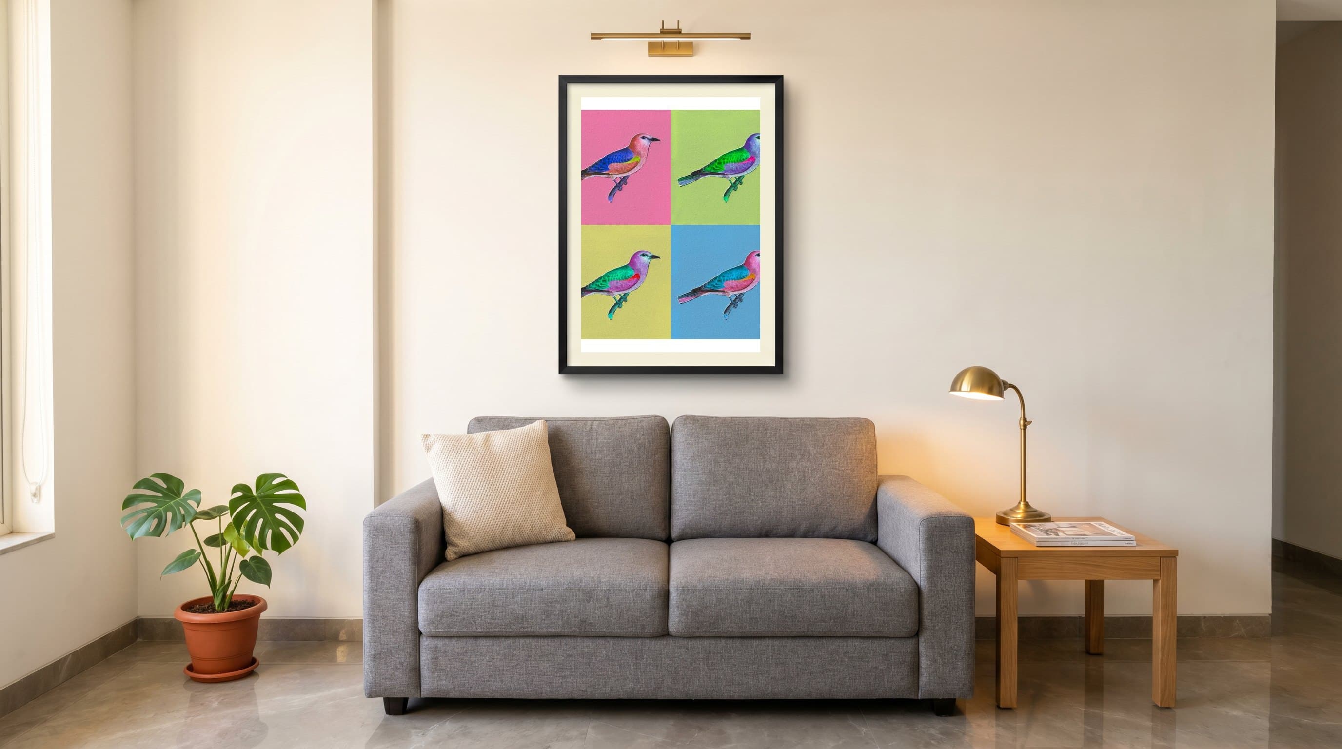 Colourful Bird Four-Panel Pop Art Grid — in situ
