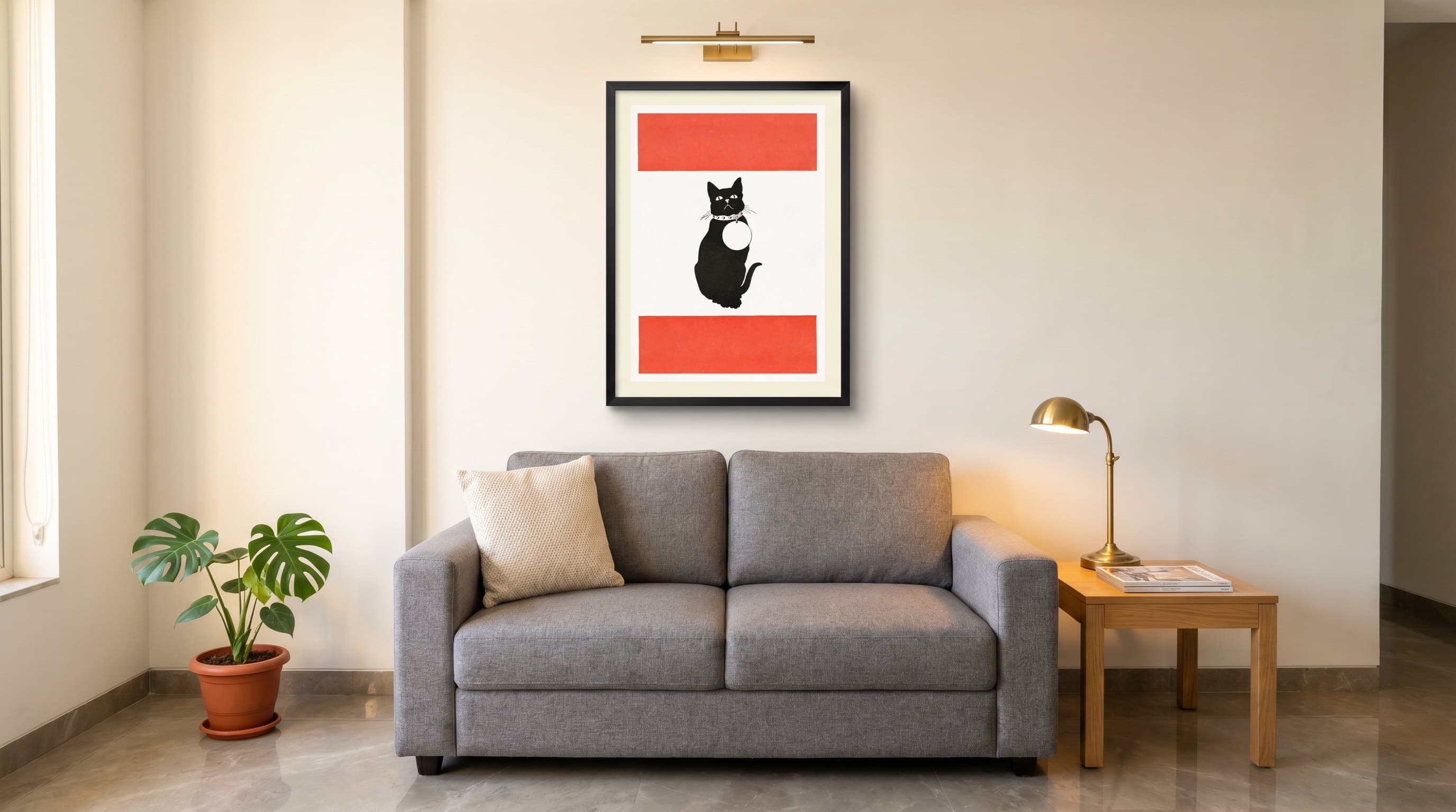 Minimalist Black Cat Red Stripe Poster — in situ