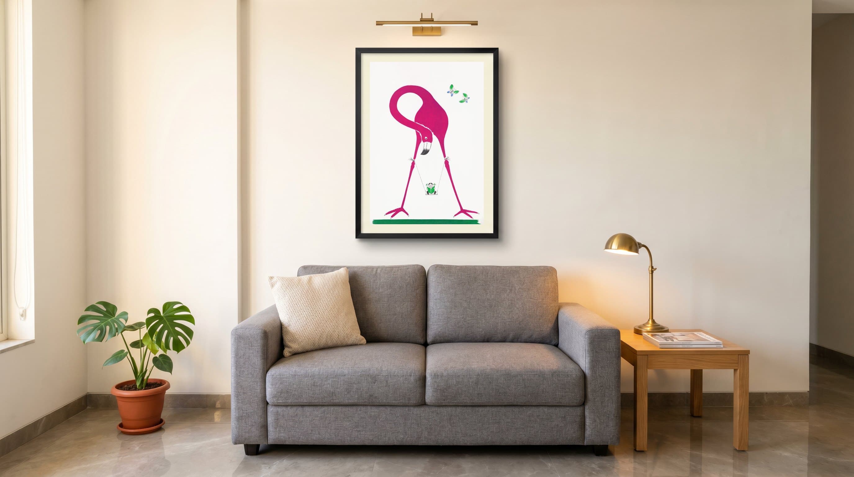 Pink Flamingo Child Reading On Swing — in situ