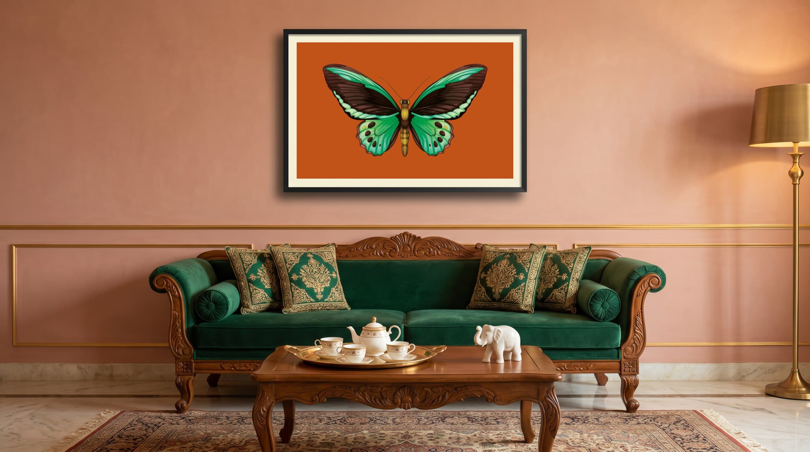 Green Birdwing Butterfly Orange Background — in situ