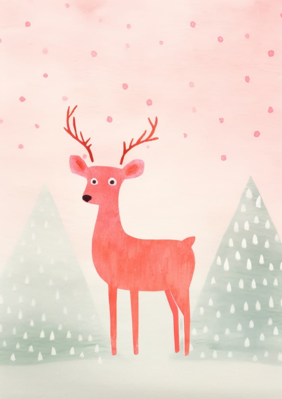Watercolour Pink Deer Winter Forest