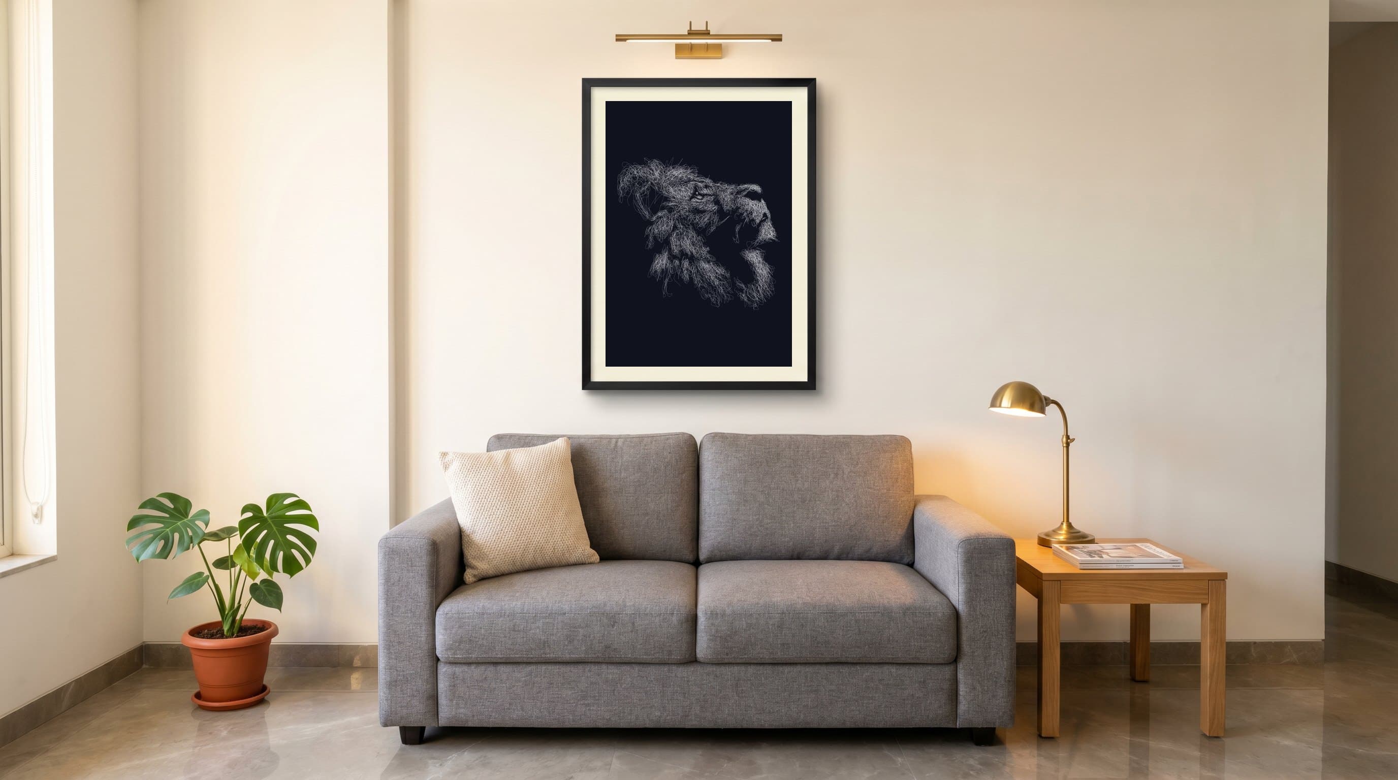 Lion Portrait Line Art Dark — in situ
