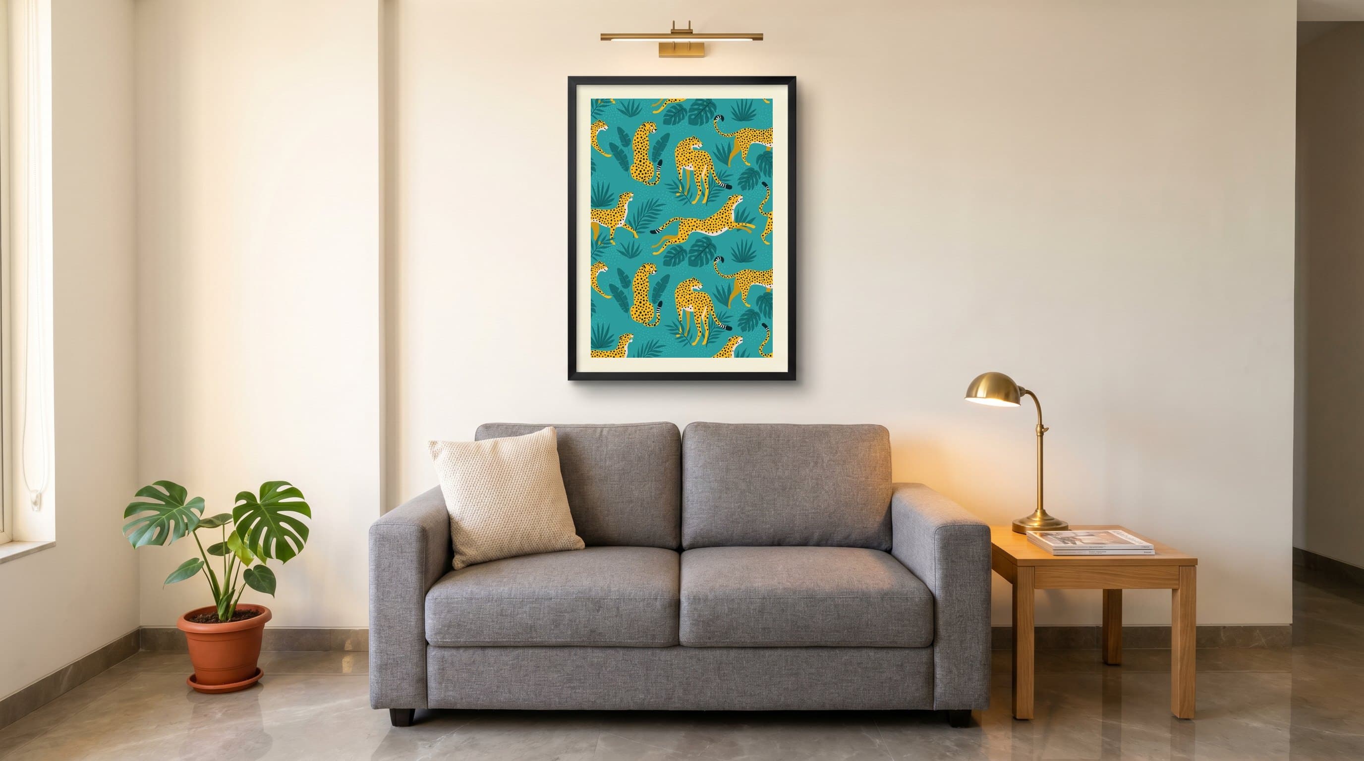 Cheetahs Tropical Leaves Teal Pattern — in situ