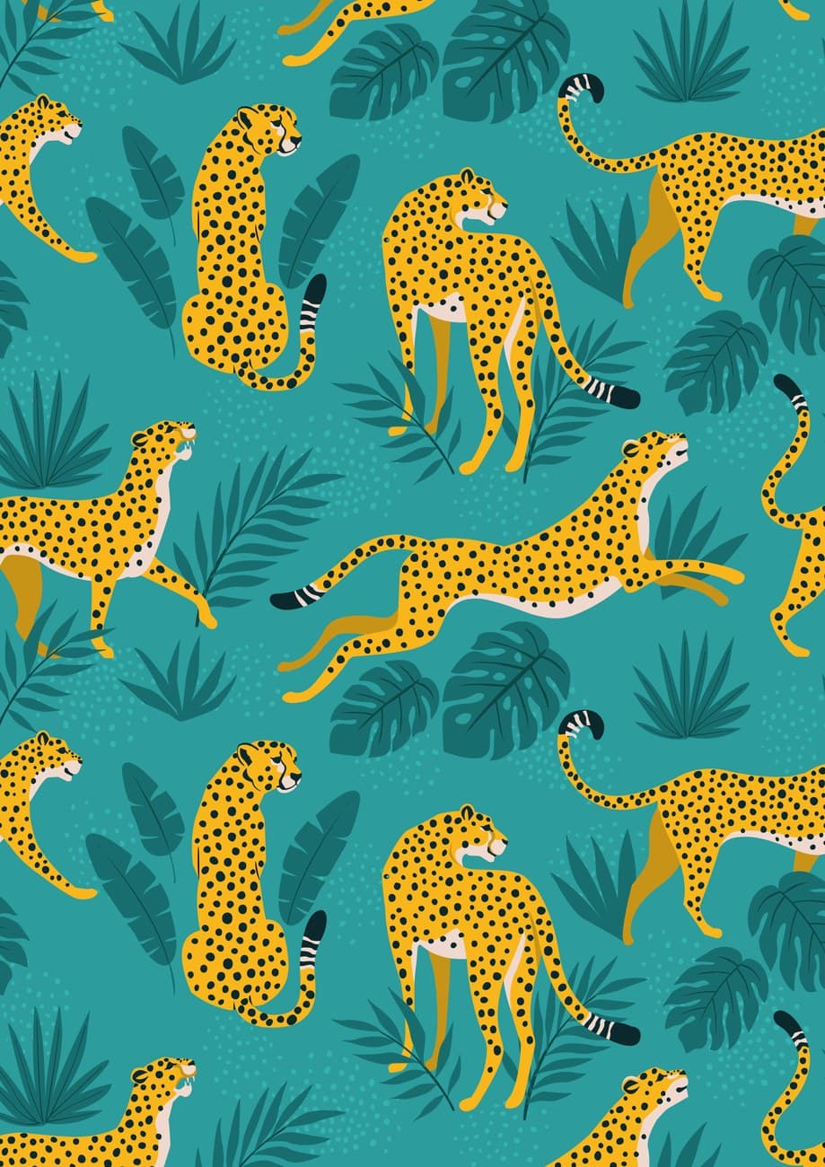 Cheetahs Tropical Leaves Teal Pattern