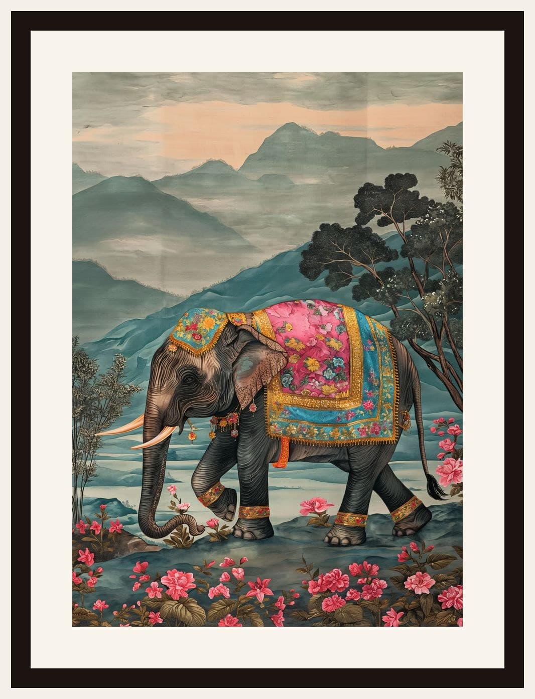 Decorated Indian Elephant Walking Flowers