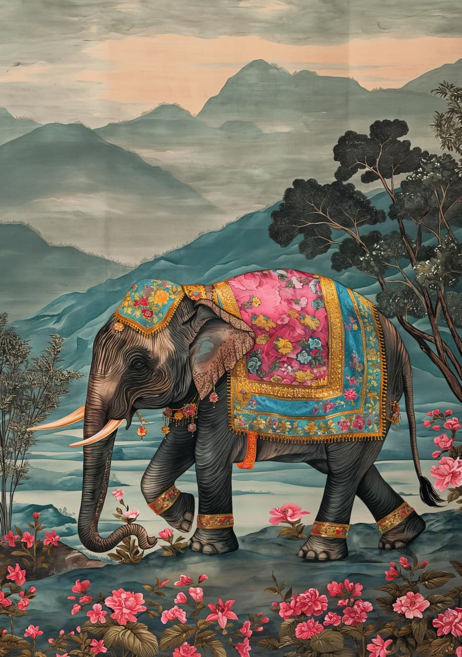 Decorated Indian Elephant Walking Flowers