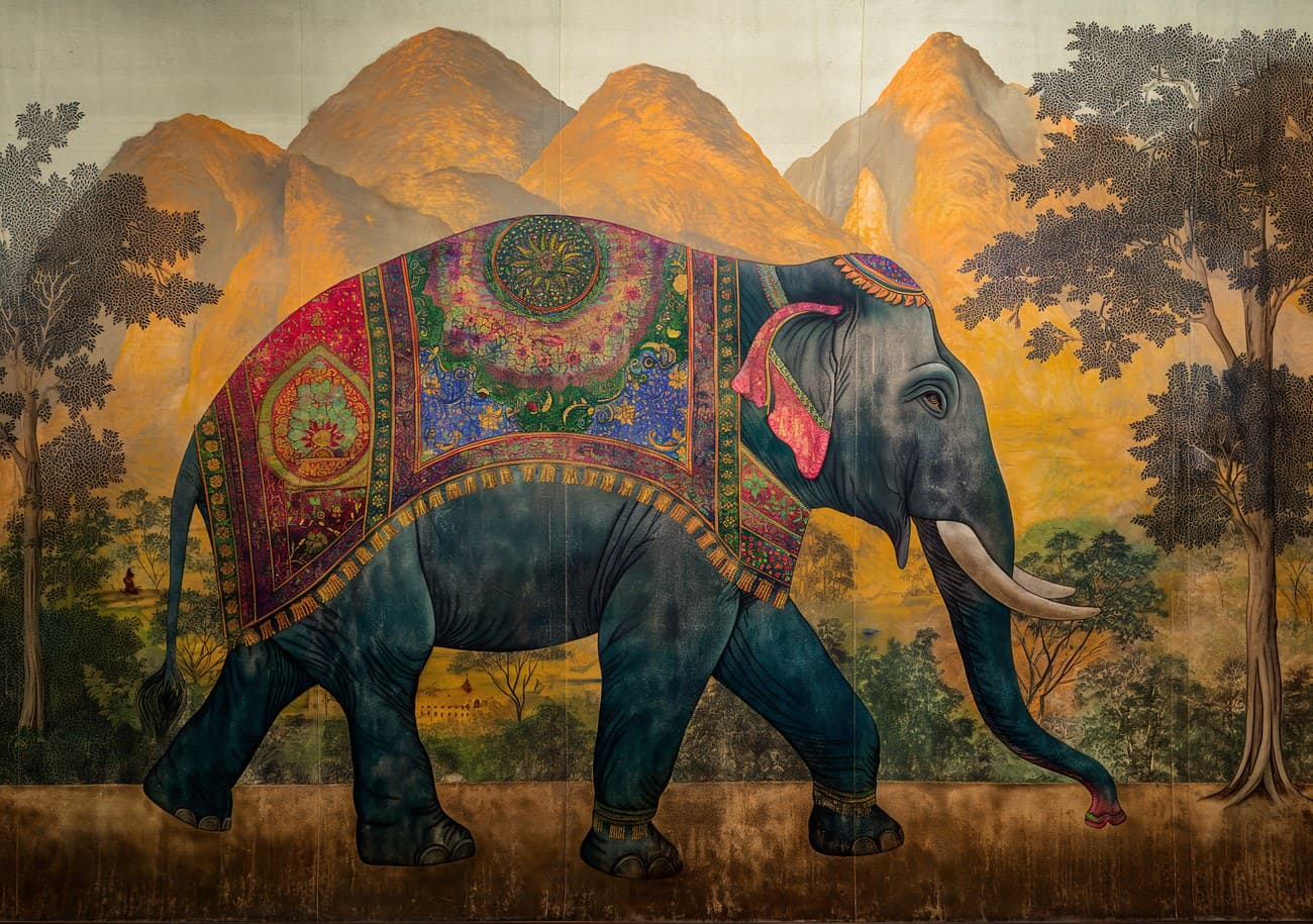 Decorated Indian Elephant Mountain Landscape