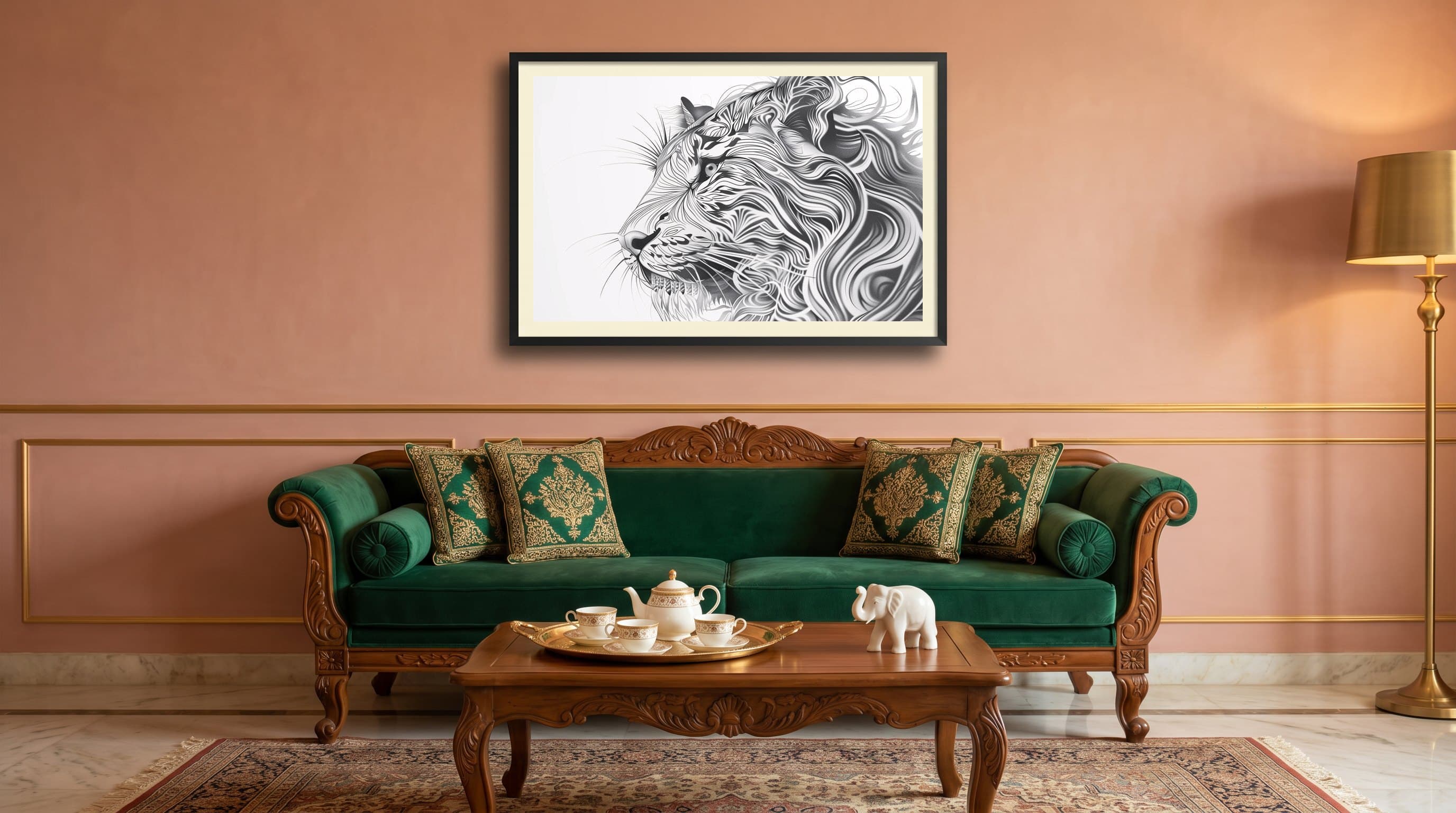 Line Art Lion Portrait Swirling Mane — in situ