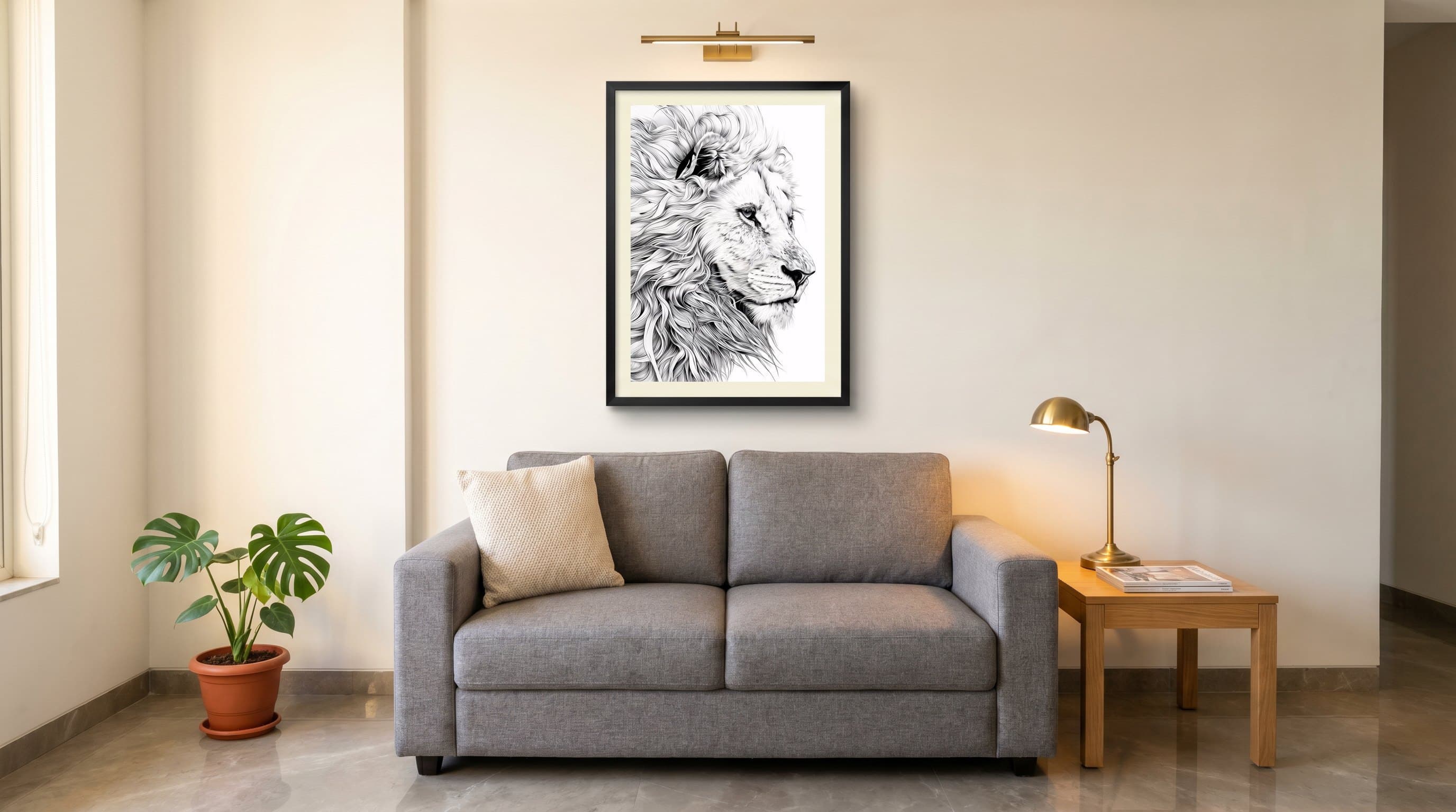Lion Portrait Black White Pencil Sketch — in situ
