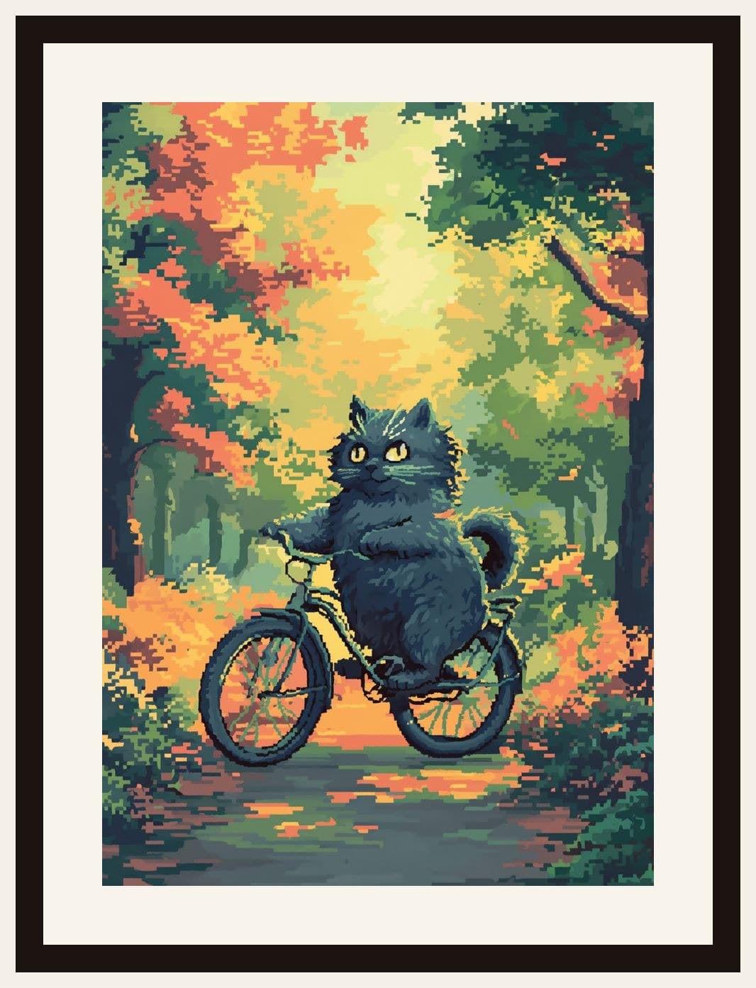 Pixel Art Black Cat Bicycle Autumn