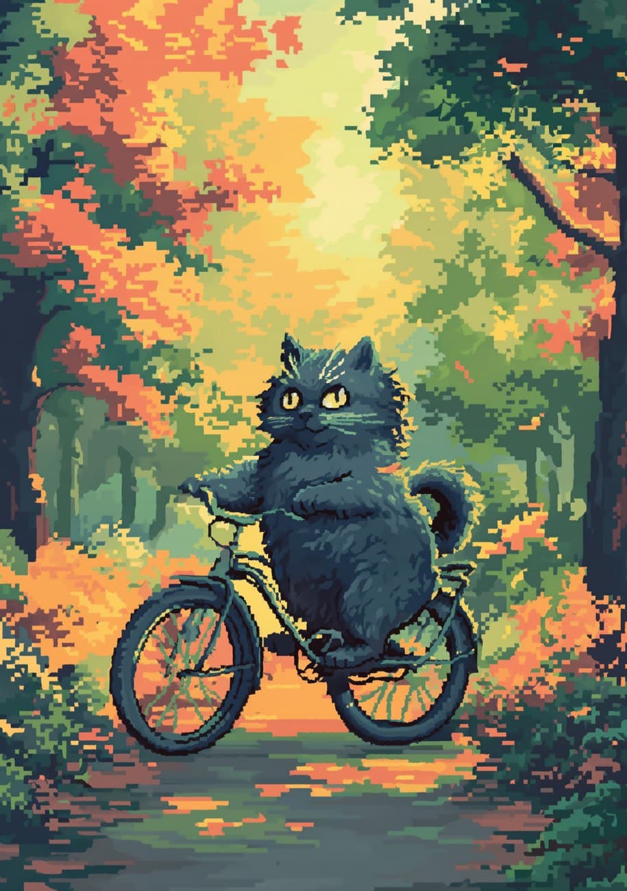 Pixel Art Black Cat Bicycle Autumn