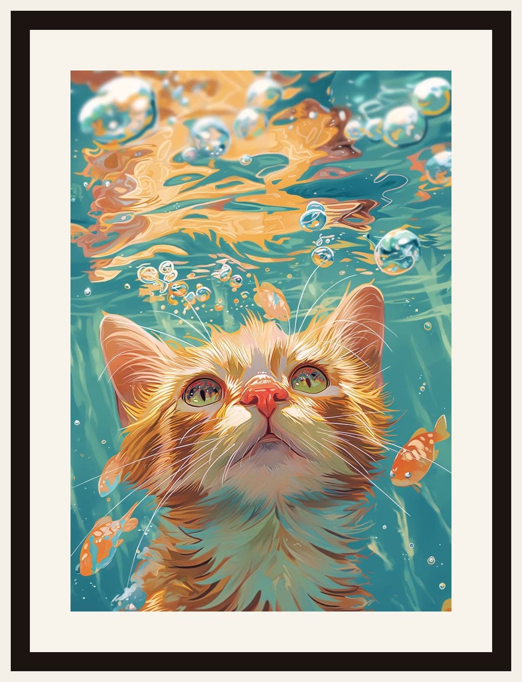 Orange Tabby Cat Underwater Fish Bubbles