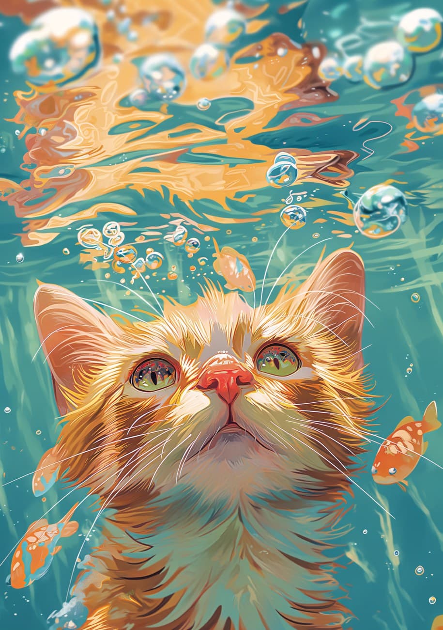 Orange Tabby Cat Underwater Fish Bubbles