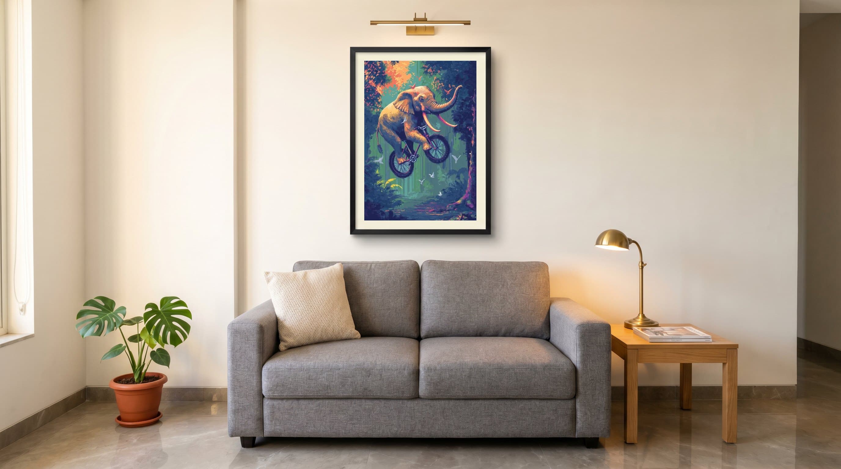 Elephant Riding Bicycle Colourful Jungle — in situ