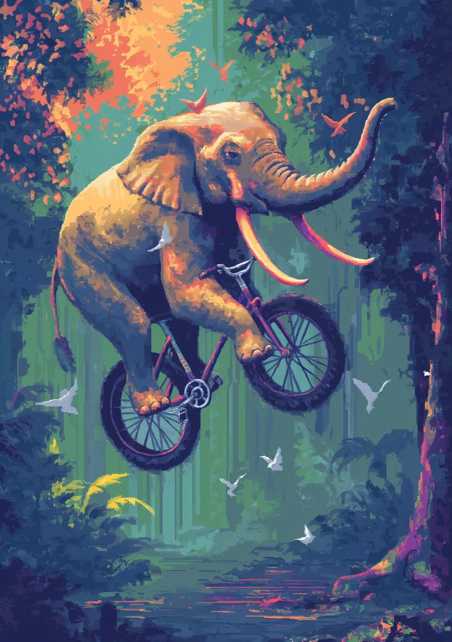 Elephant Riding Bicycle Colourful Jungle