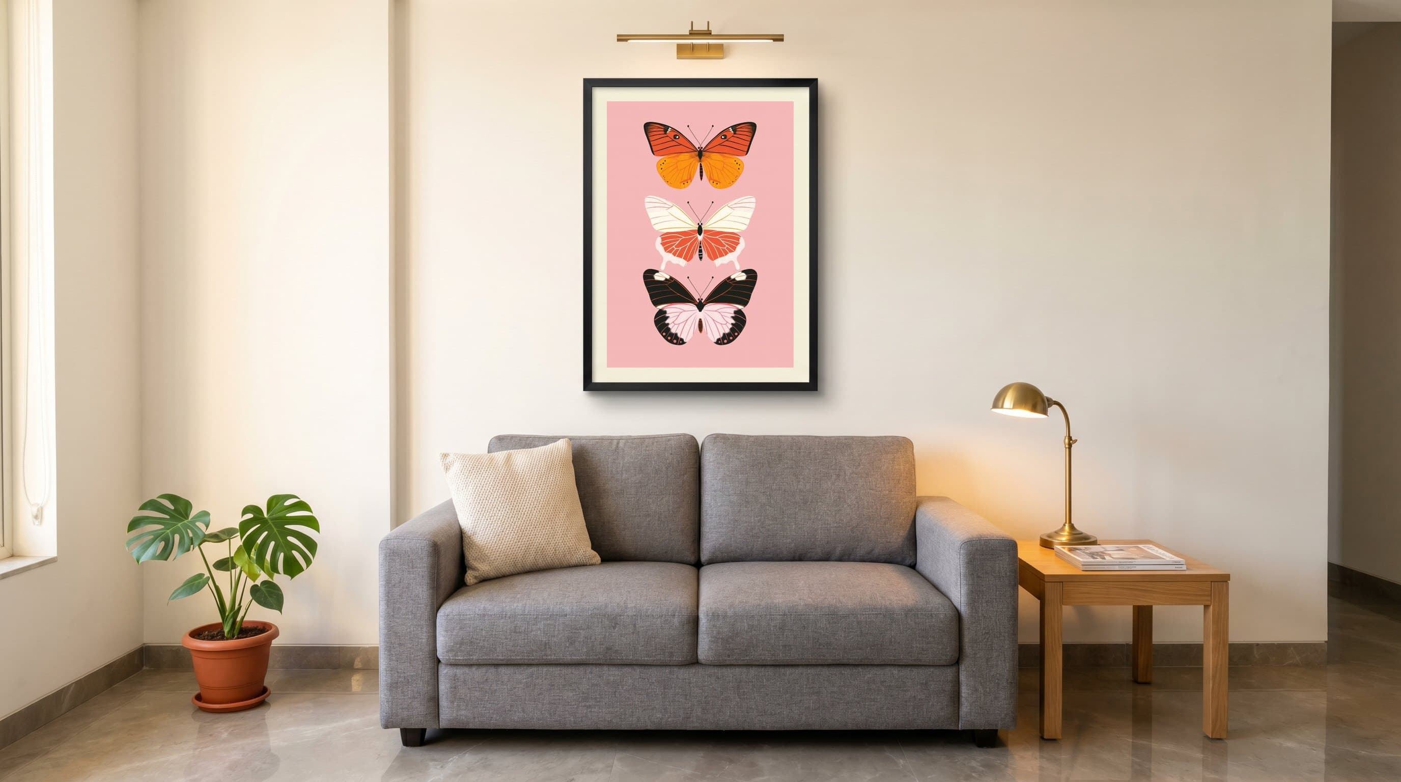 Three Butterflies Pink Background Illustration — in situ