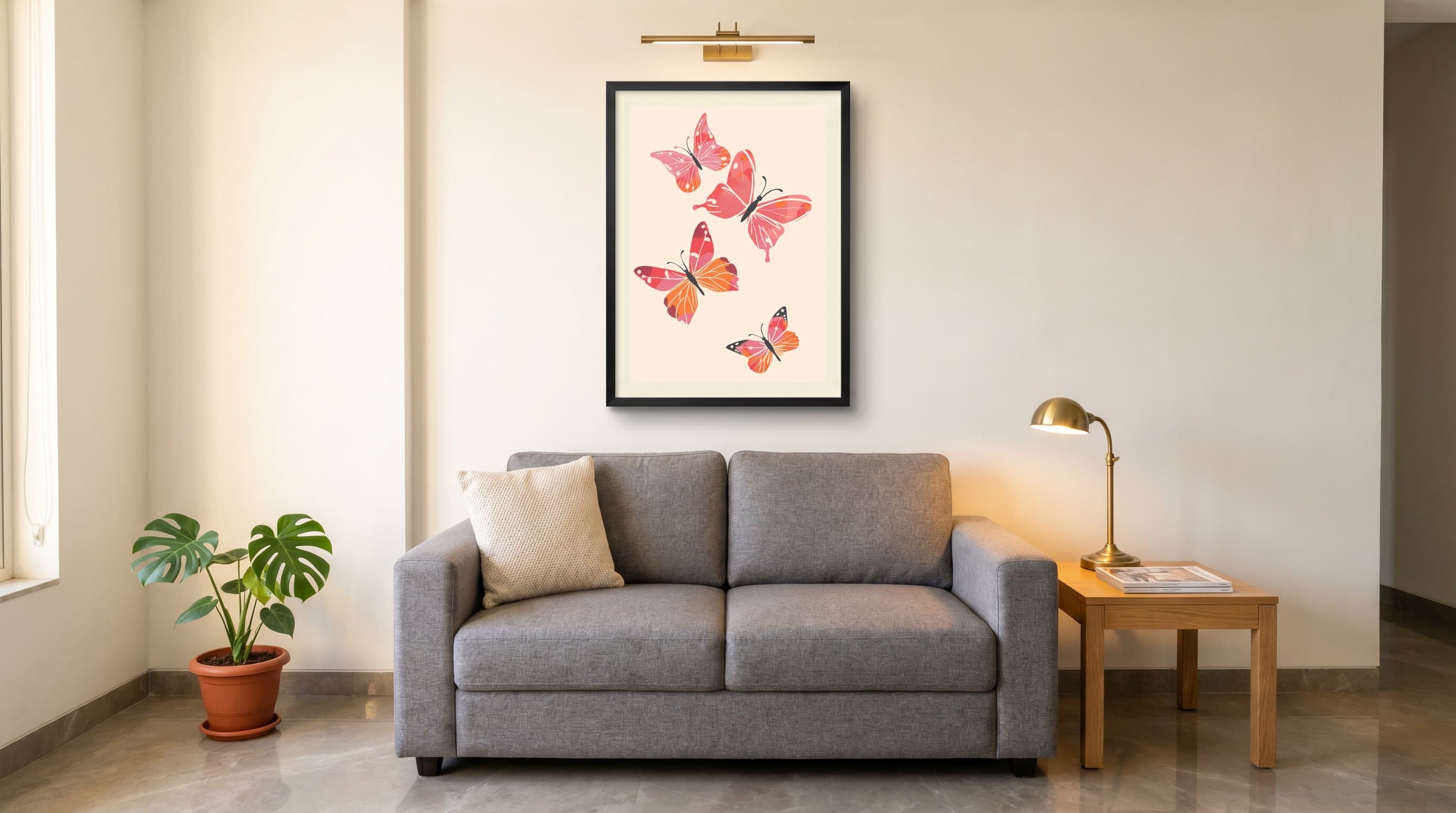 Pink Orange Butterflies Cream Background — in situ
