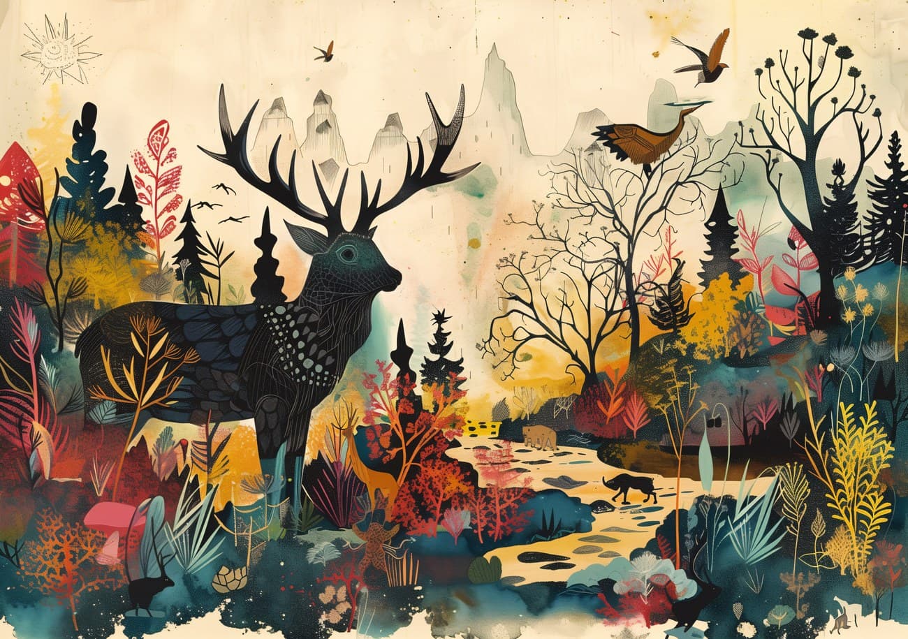 Illustrated Stag In Enchanted Colourful Forest