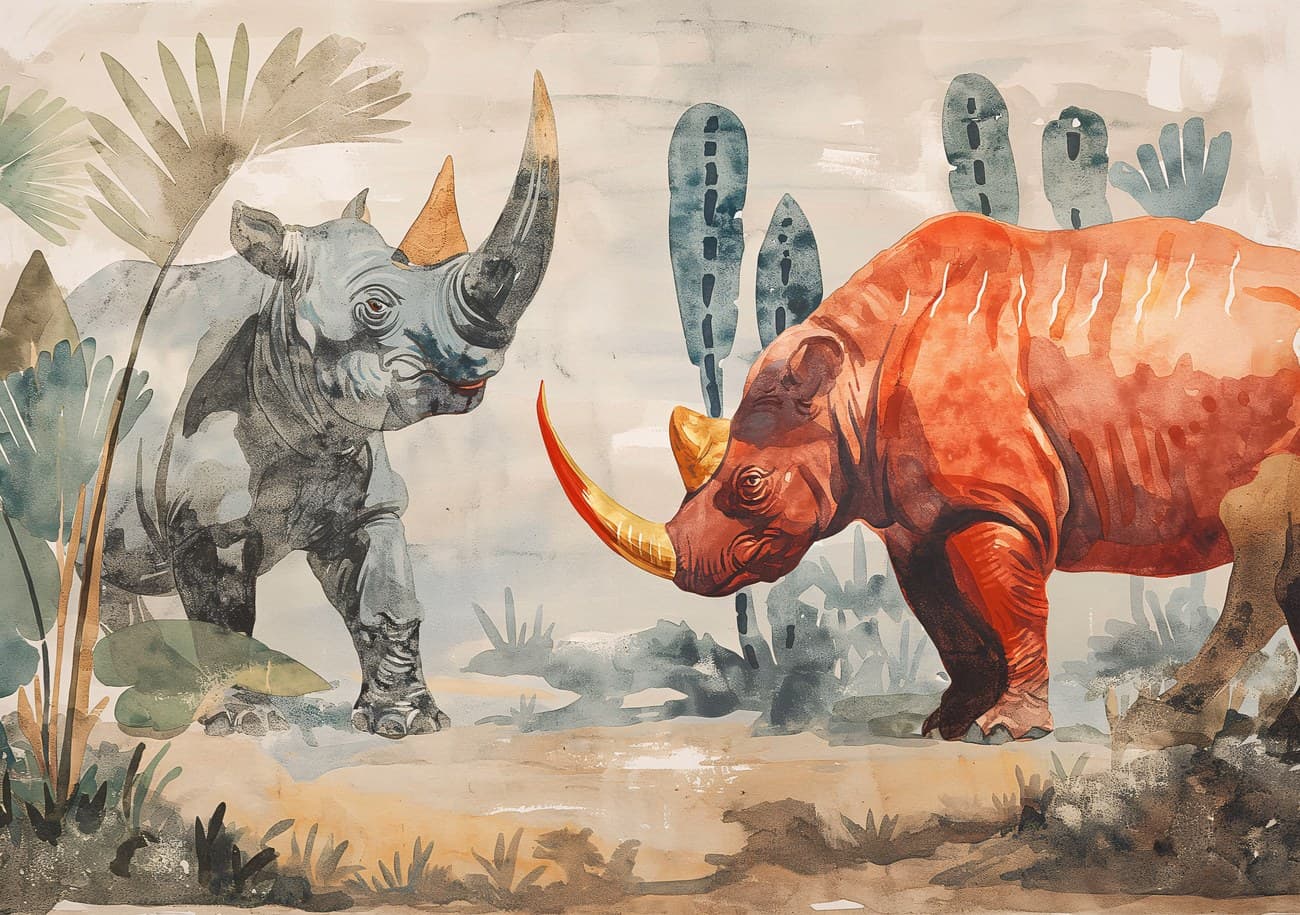 Two Rhinos Facing Watercolour Jungle Scene