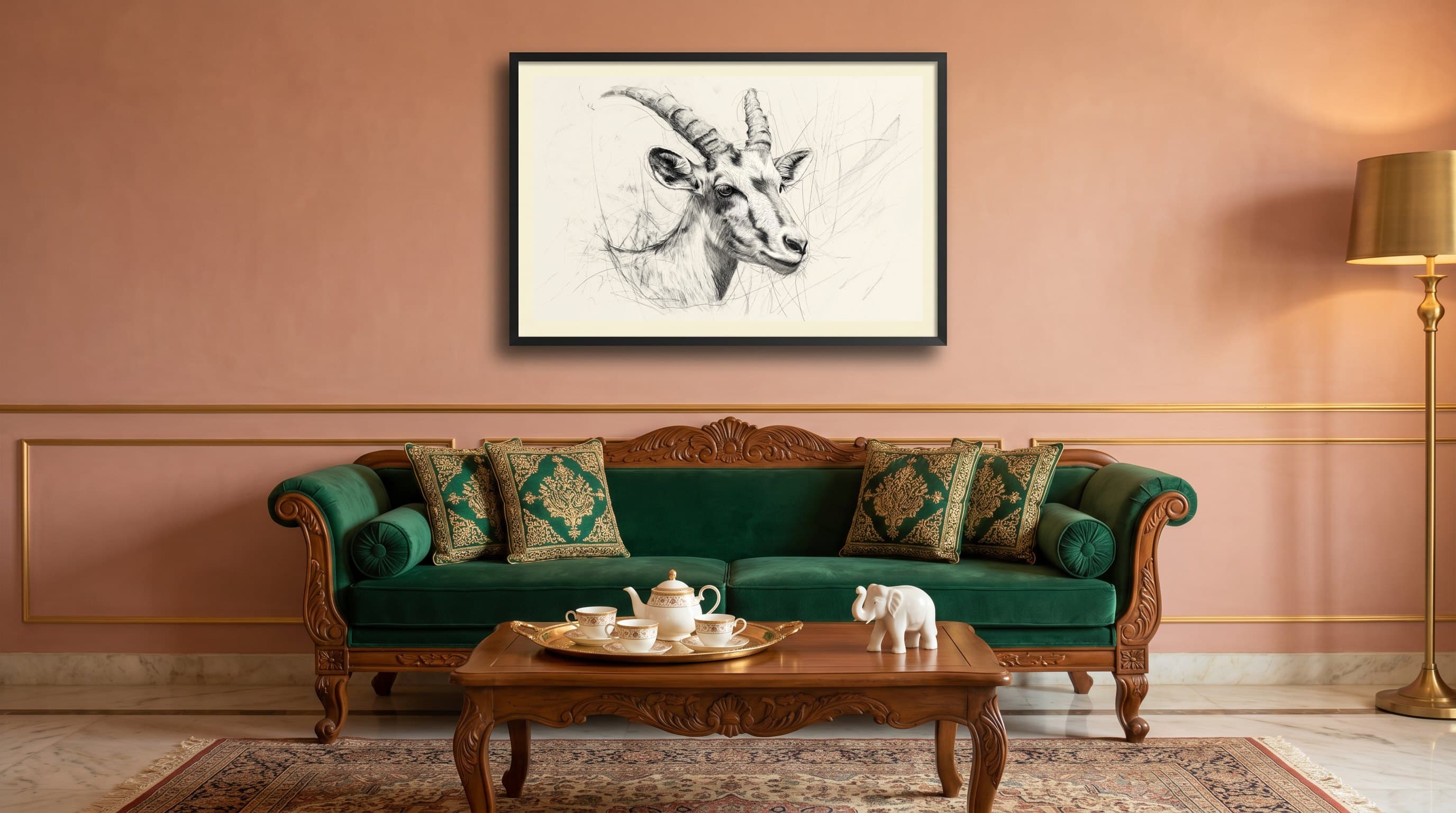 Pencil Sketch Ibex Antelope Portrait — in situ