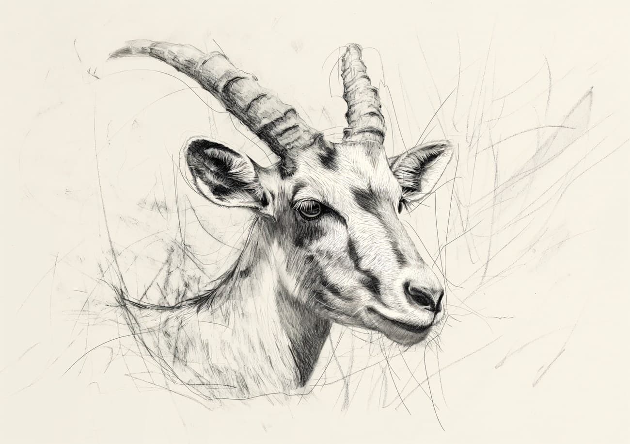 Pencil Sketch Ibex Antelope Portrait