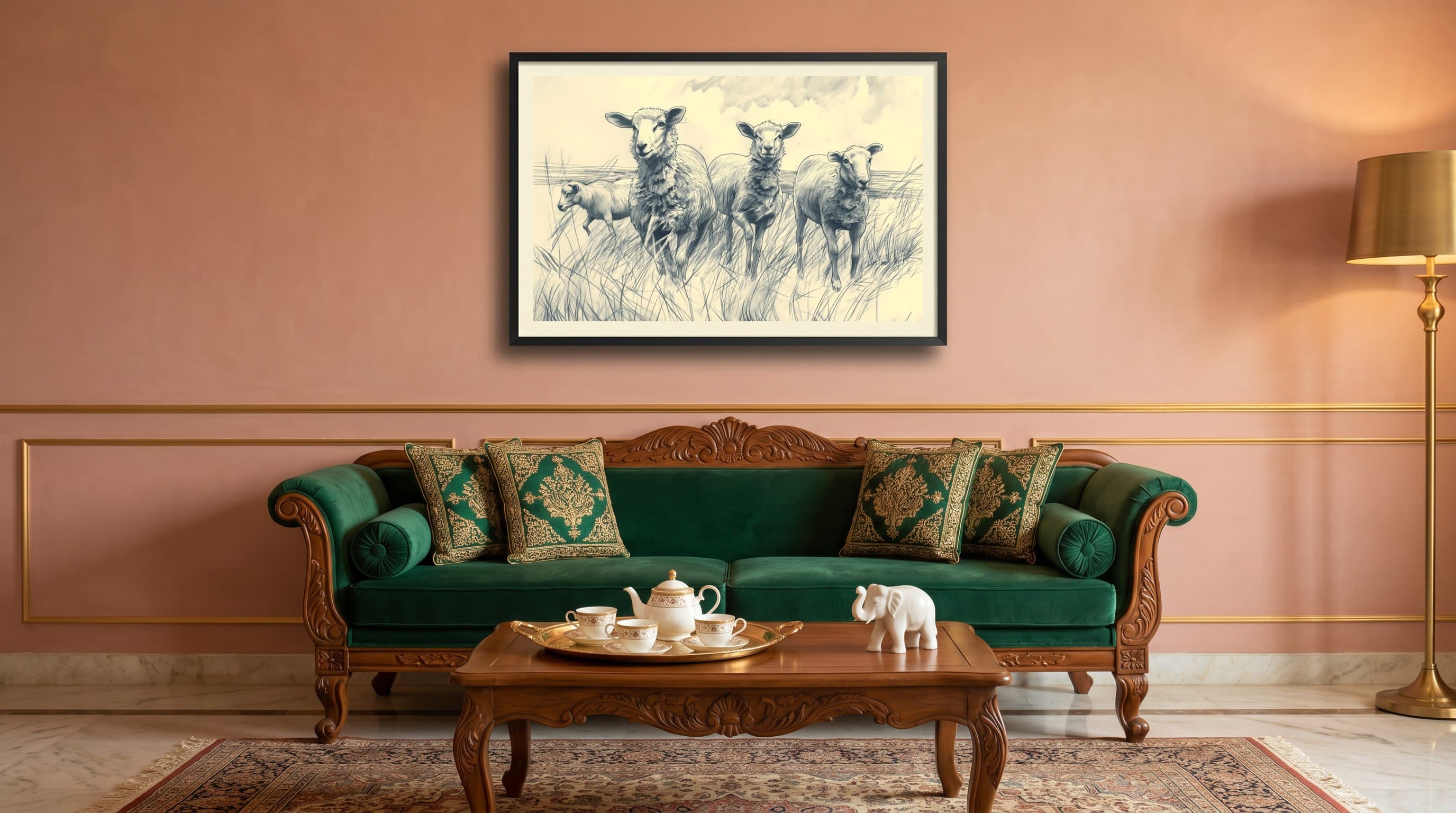 Pencil Sketch Sheep Flock Grassy Field — in situ