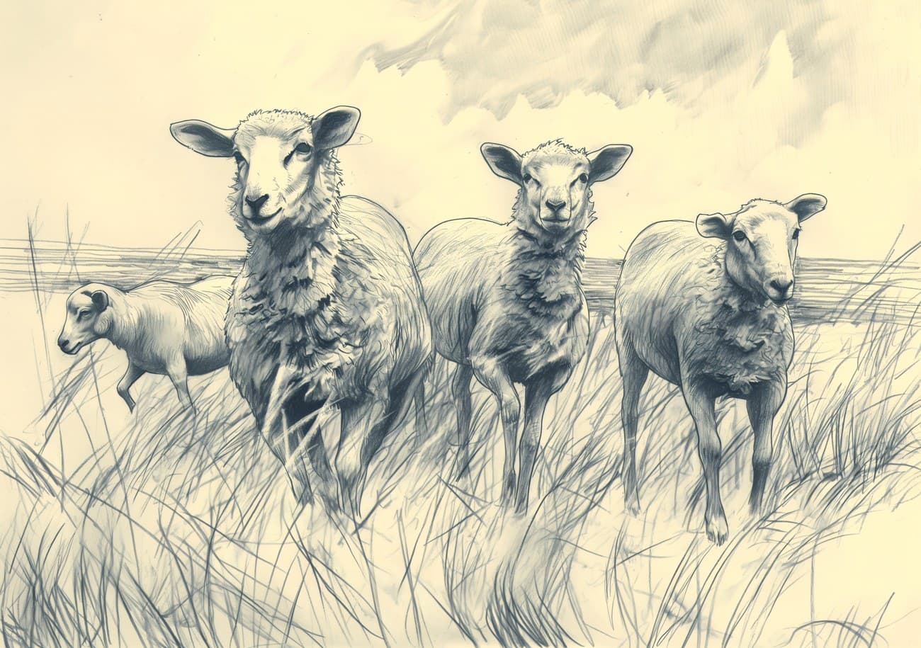 Pencil Sketch Sheep Flock Grassy Field