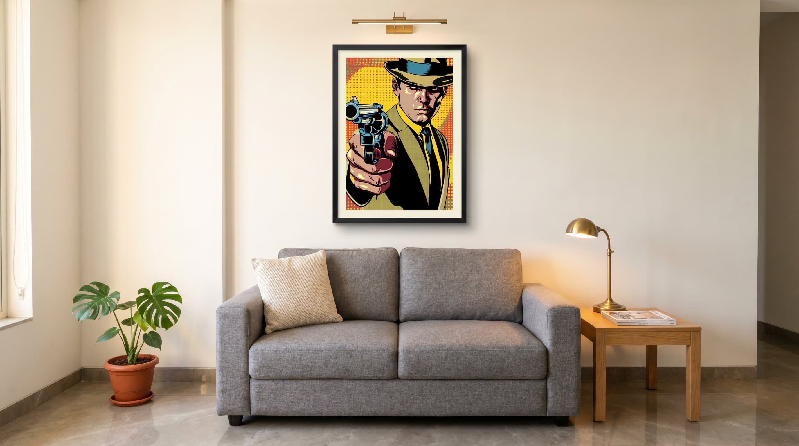 Noir Detective Fedora Gun Comic Art — in situ