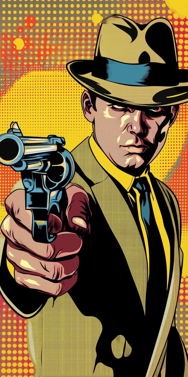 Noir Detective Fedora Gun Comic Art