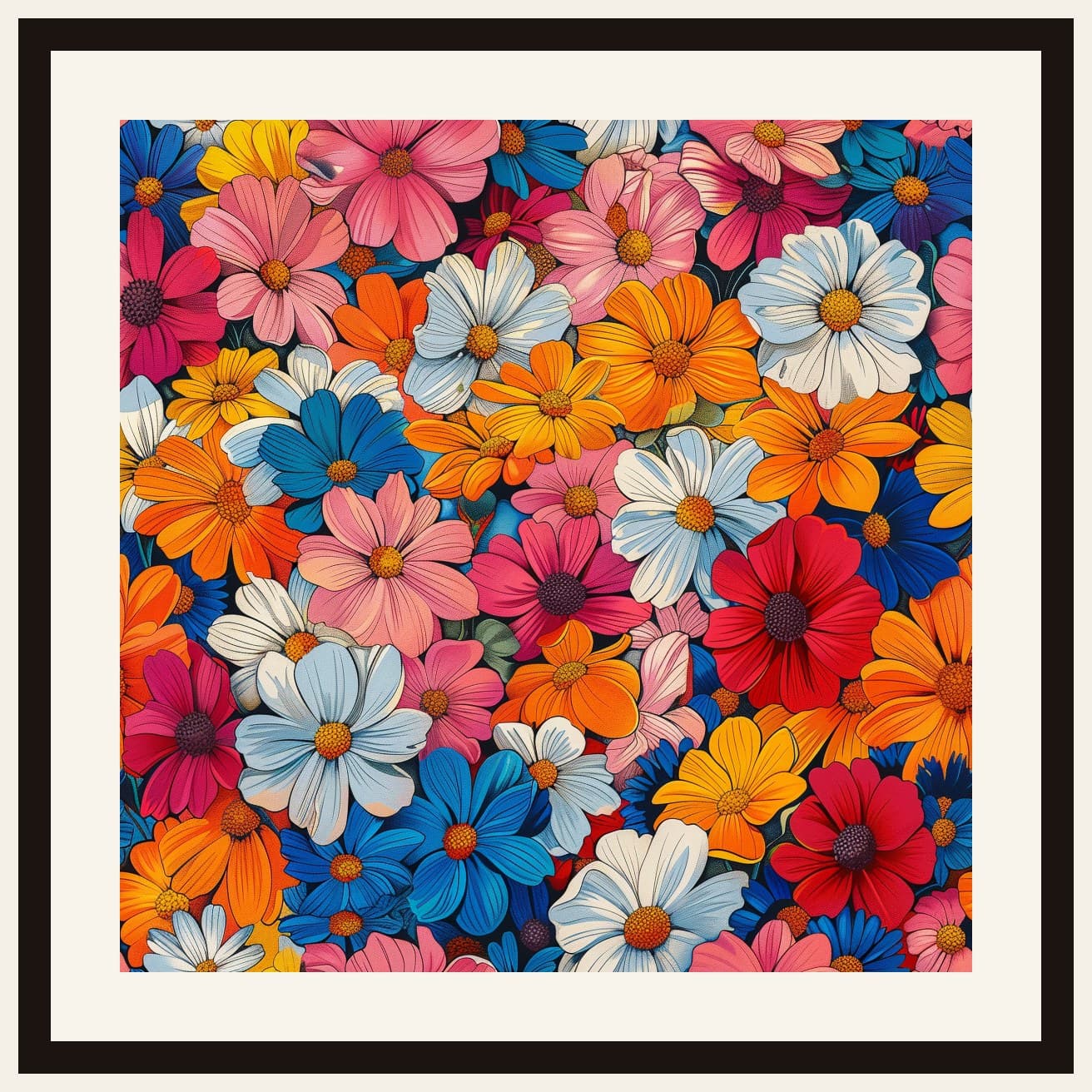 Colourful Daisy Cosmos Flowers Dense Pattern