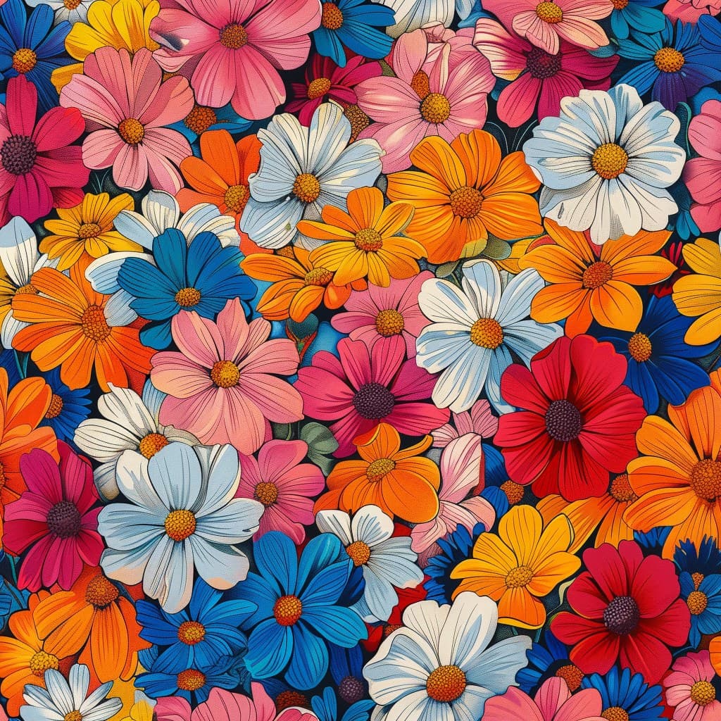 Colourful Daisy Cosmos Flowers Dense Pattern