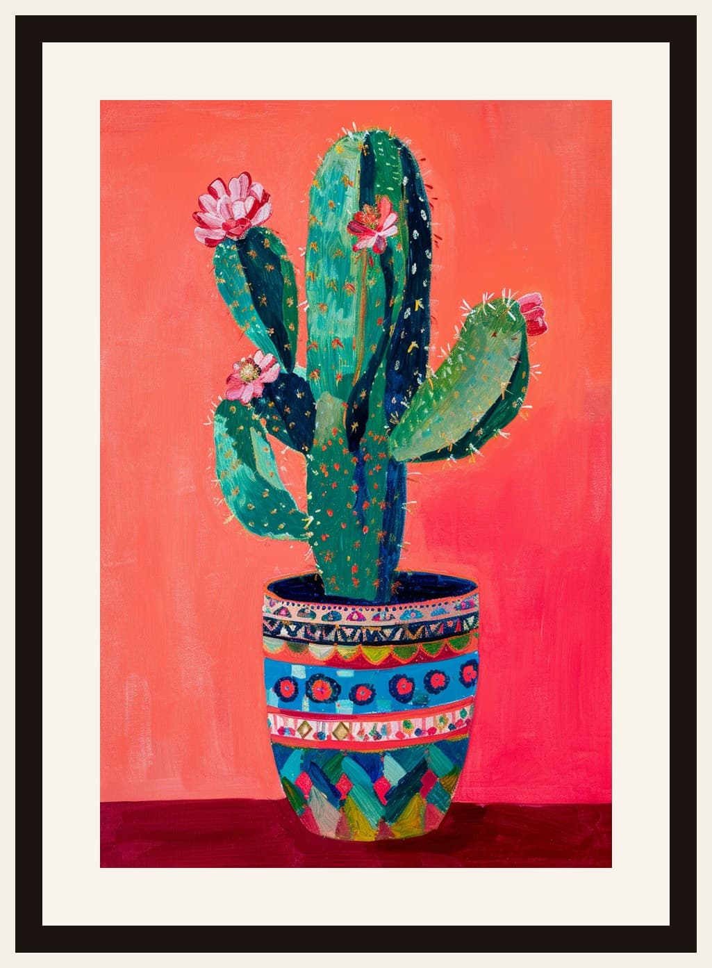 Blooming Cactus In Decorative Painted Pot