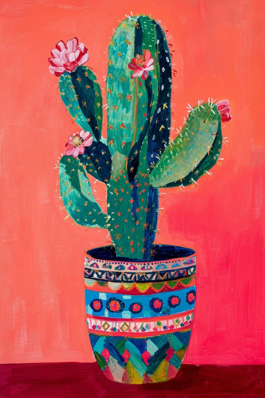 Blooming Cactus In Decorative Painted Pot