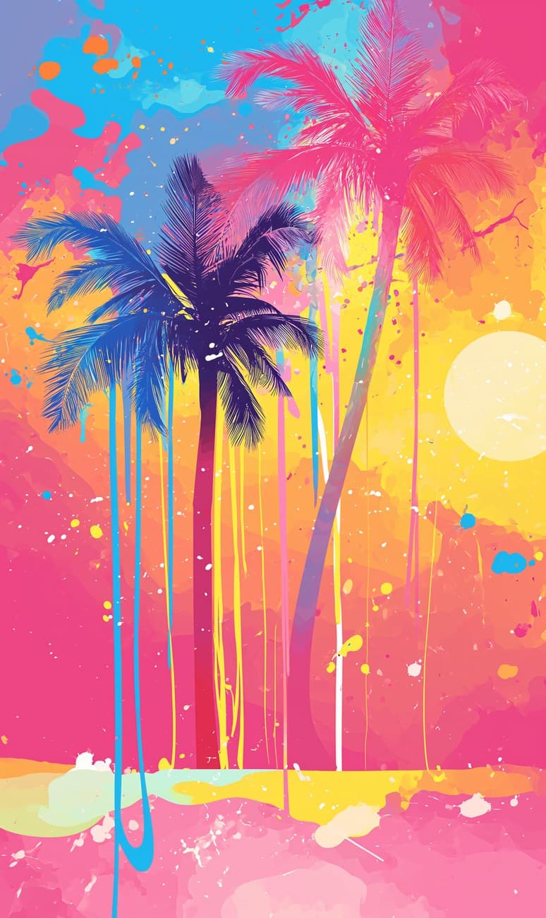 Neon Palm Trees Candy Color Paint Drips