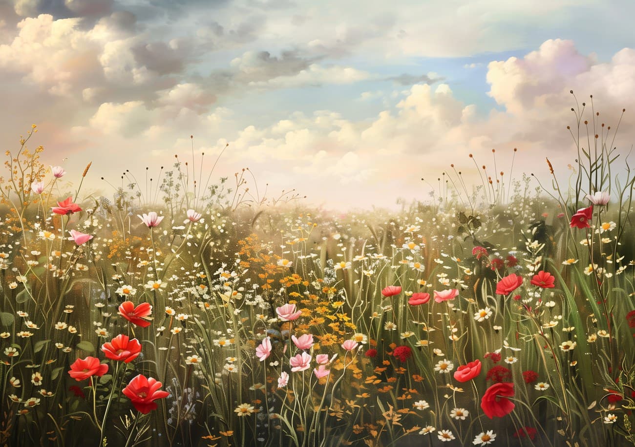 Wildflower Meadow Poppies Cloudy Sky