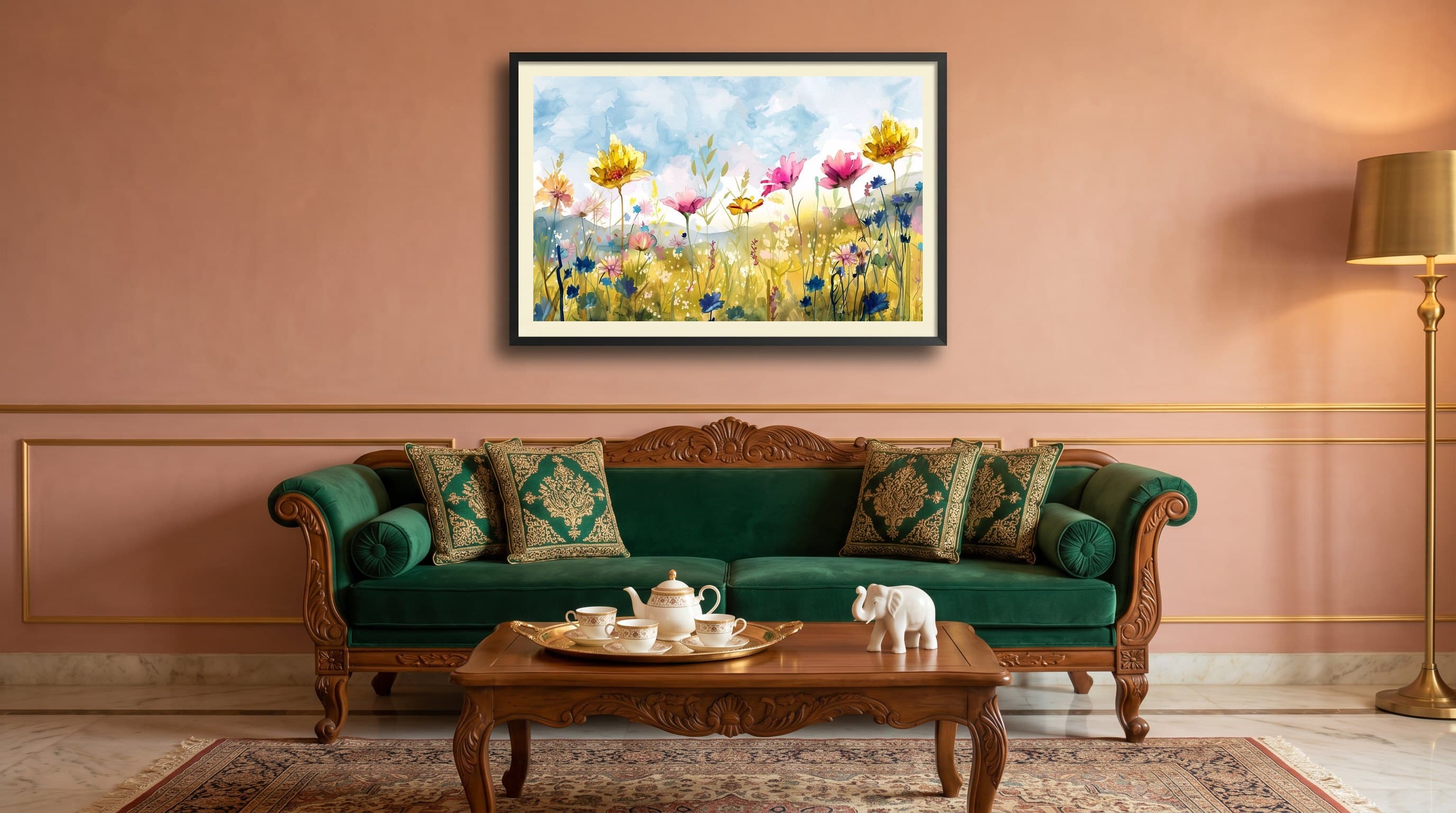 Watercolour Wildflower Field Blue Sky — in situ