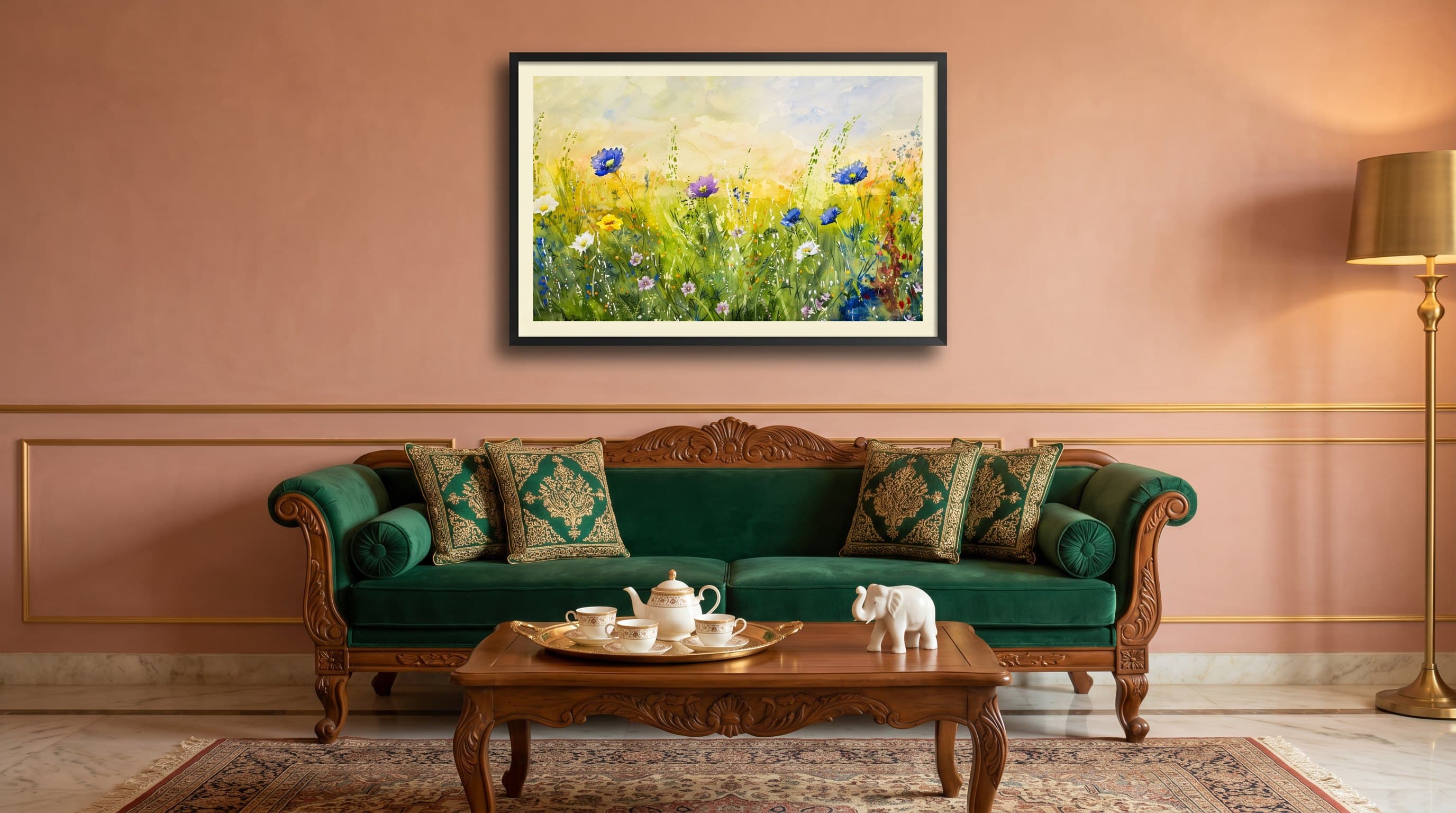 Wildflower Meadow Watercolour Blue Yellow — in situ