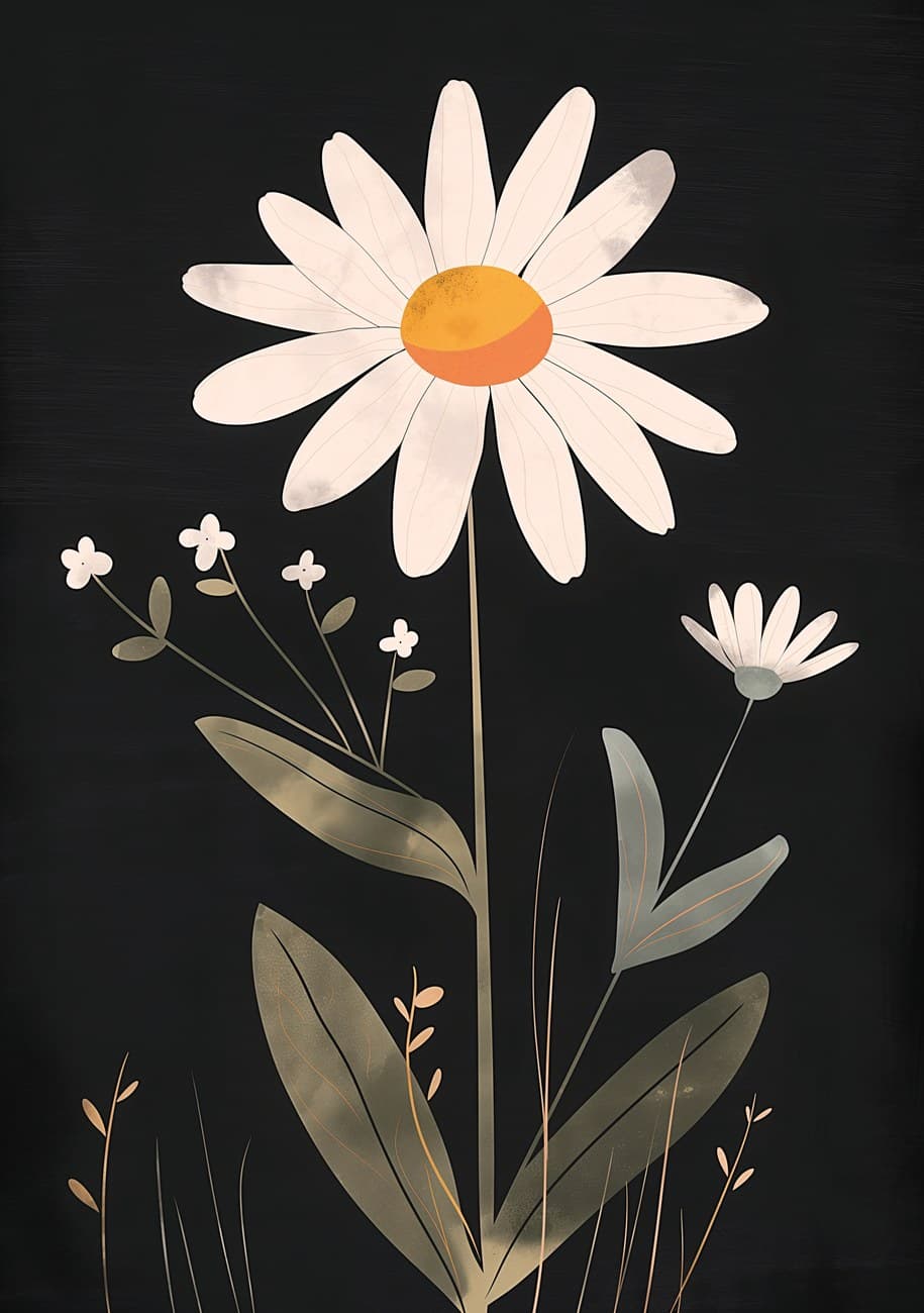 Single White Daisy Botanical Dark Background