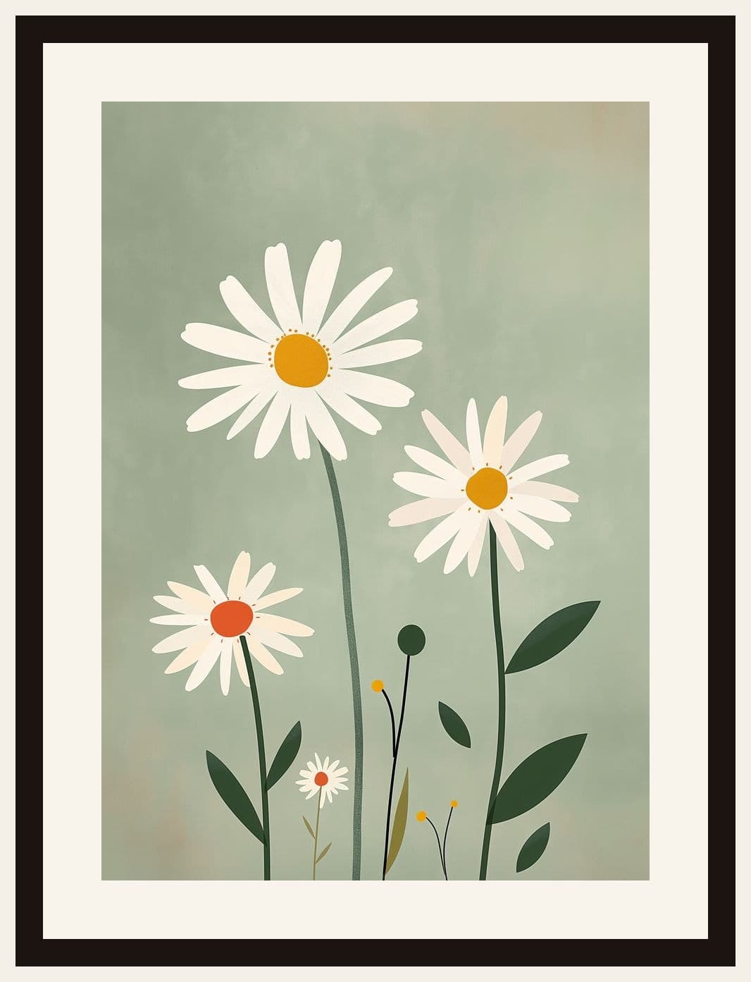 White Daisies Sage Green Background Illustration