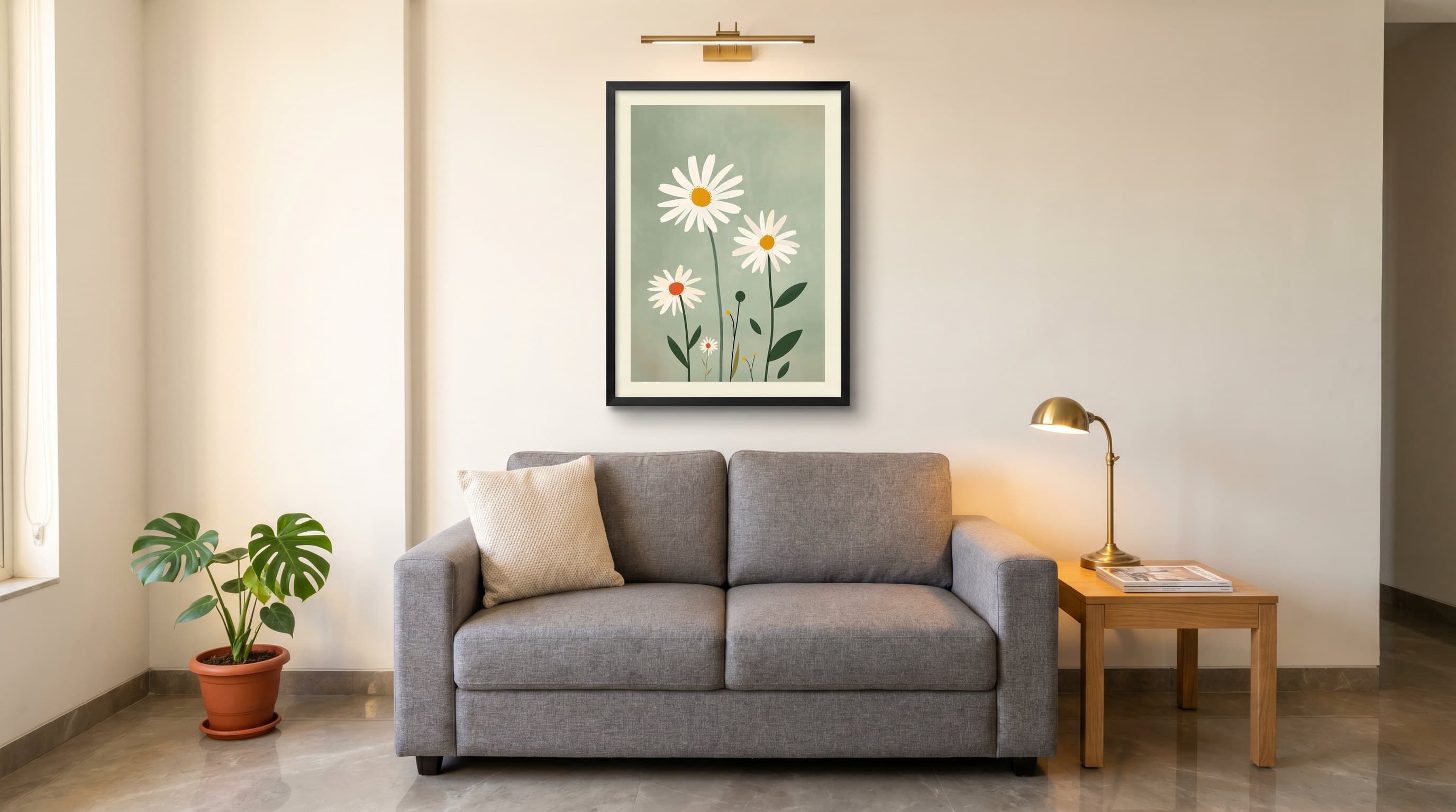White Daisies Sage Green Background Illustration — in situ