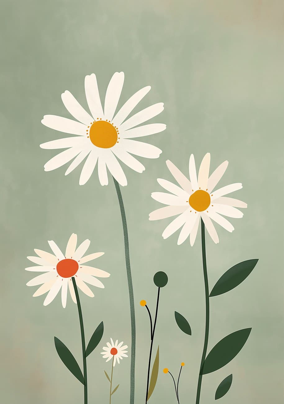 White Daisies Sage Green Background Illustration