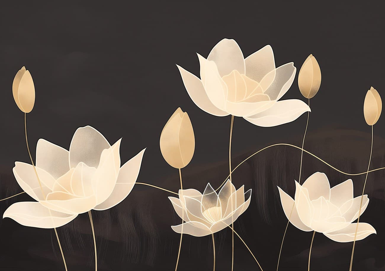 Glowing White Lotus Flowers Dark Background