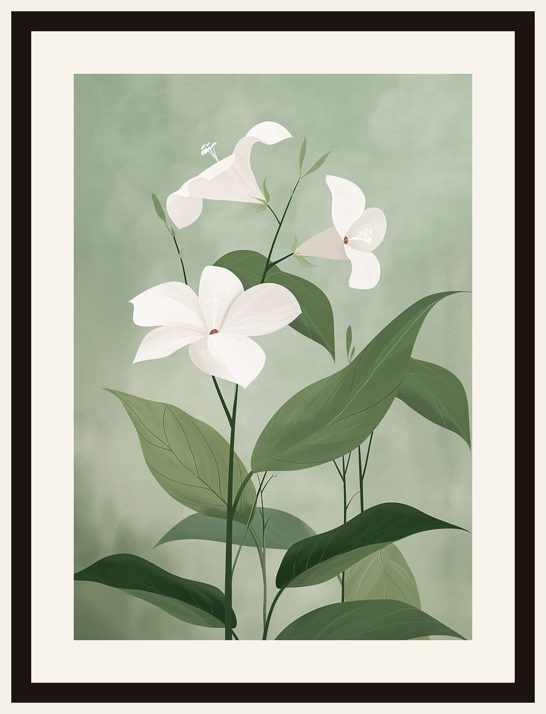 White Tropical Flowers Sage Green Background