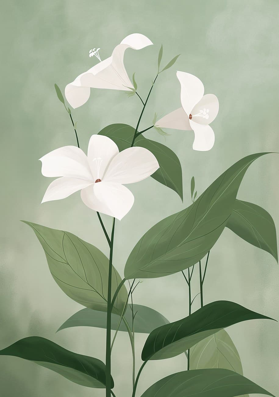 White Tropical Flowers Sage Green Background