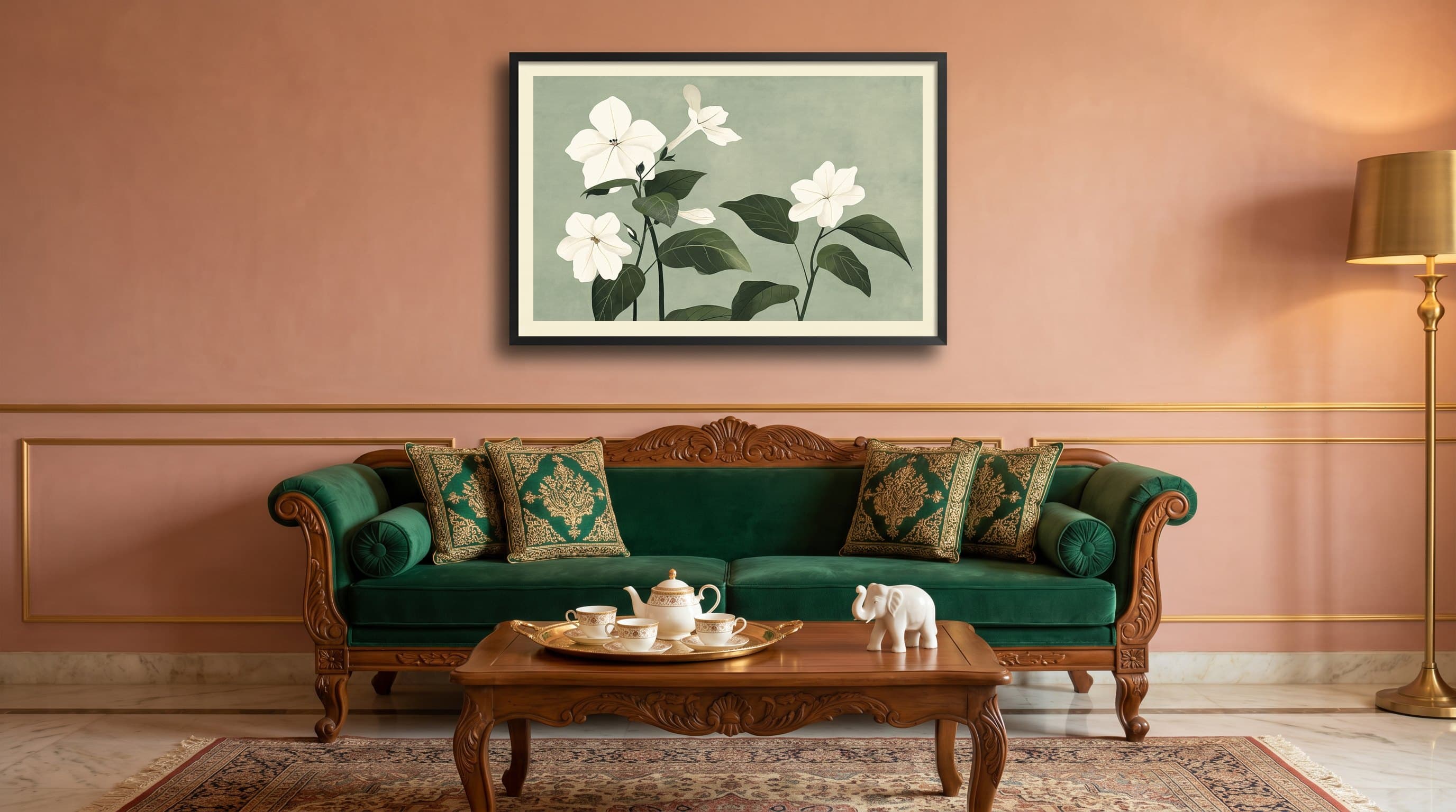 Minimal White Jasmine Flowers Sage Green — in situ