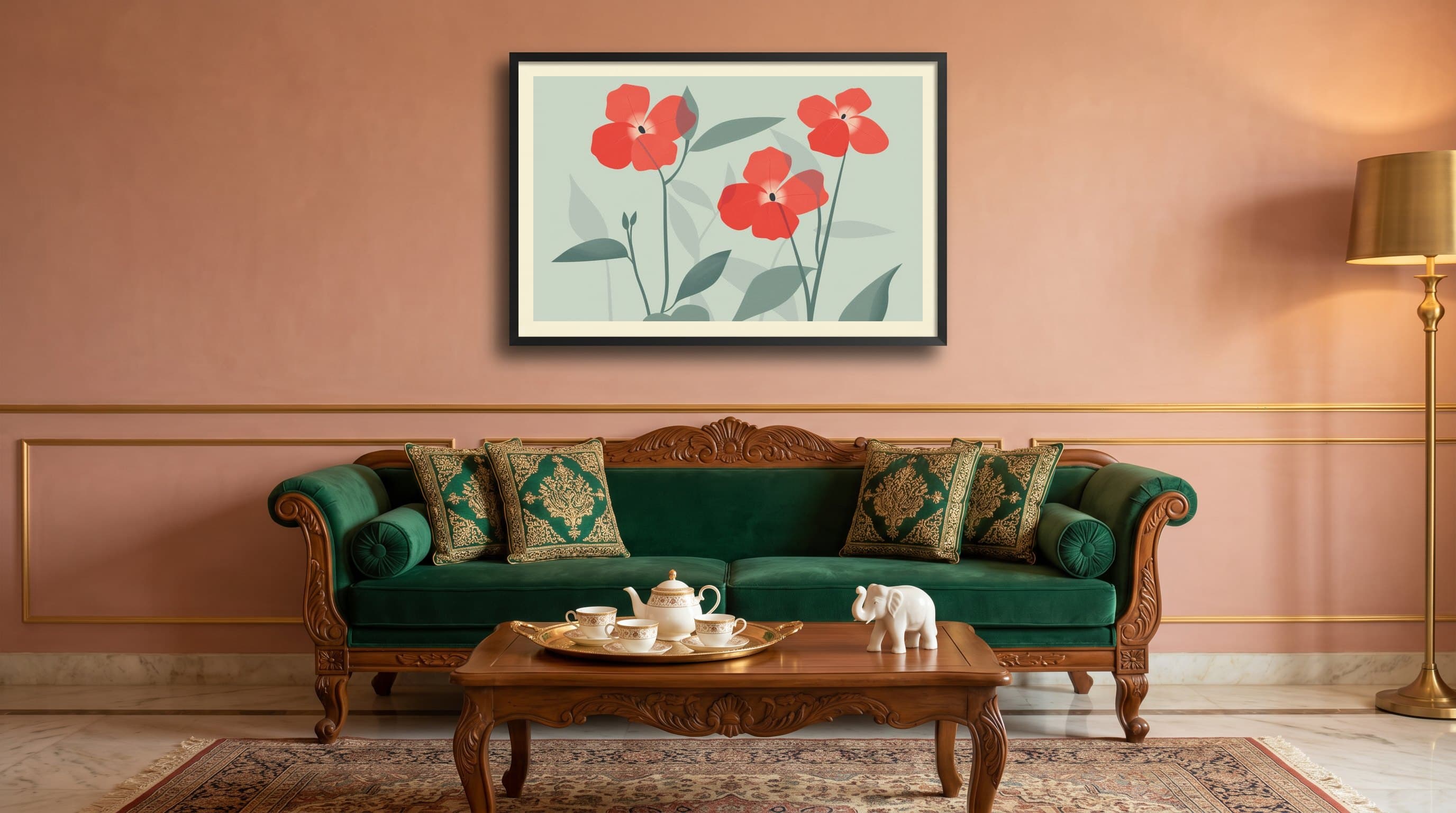 Red Poppies Minimal Illustration Sage Background — in situ