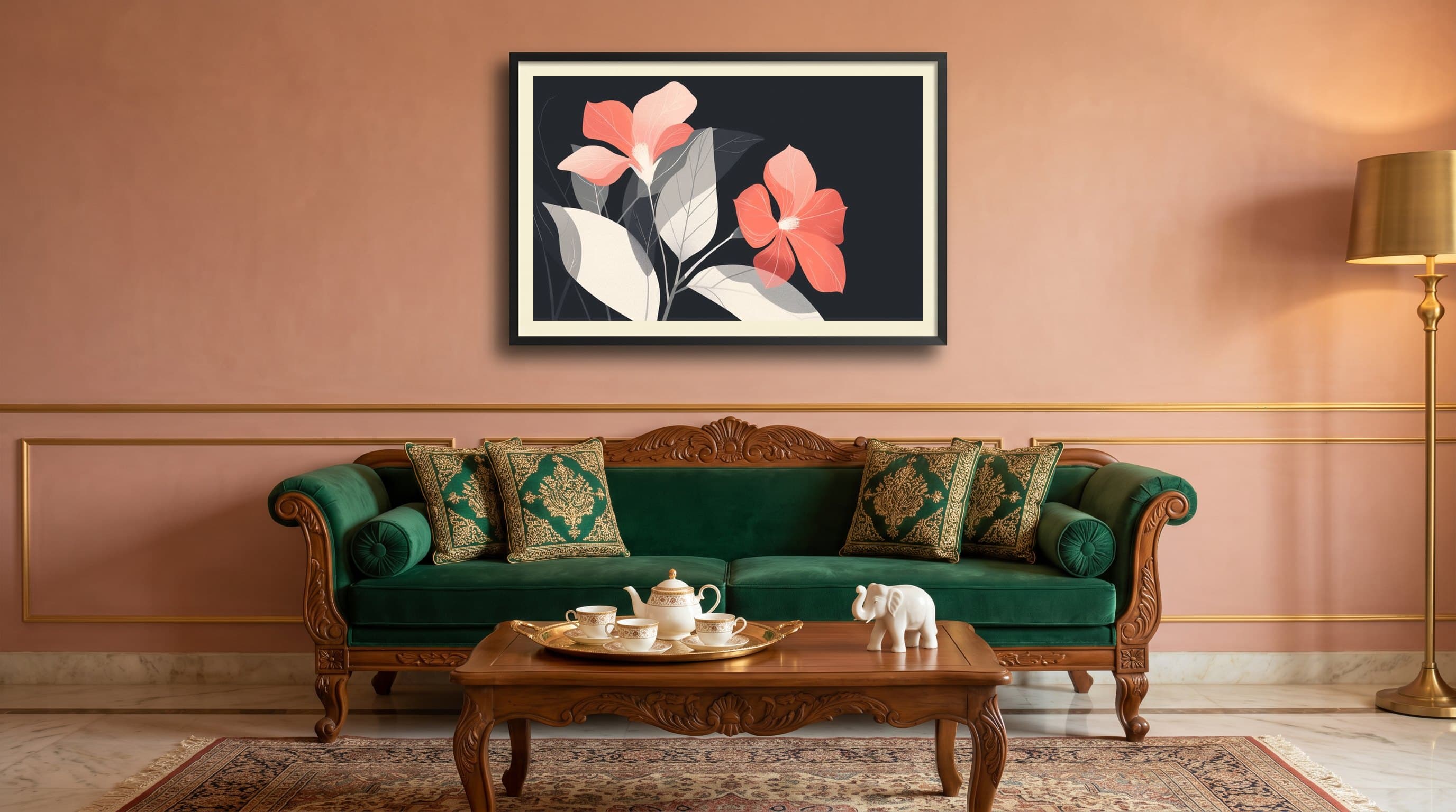 Coral Hibiscus Blooms Dark Background — in situ