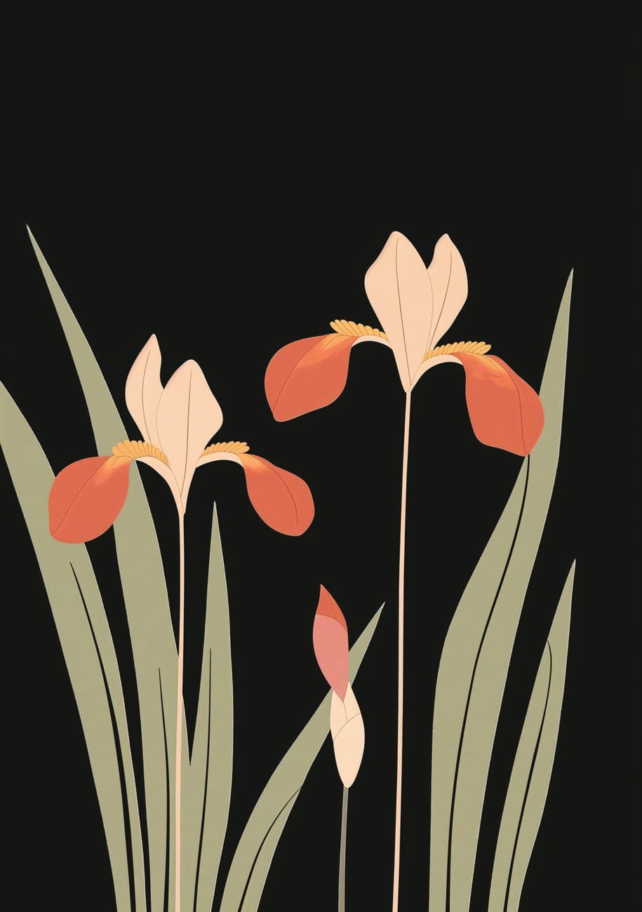 Iris Flowers Dark Botanical Illustration