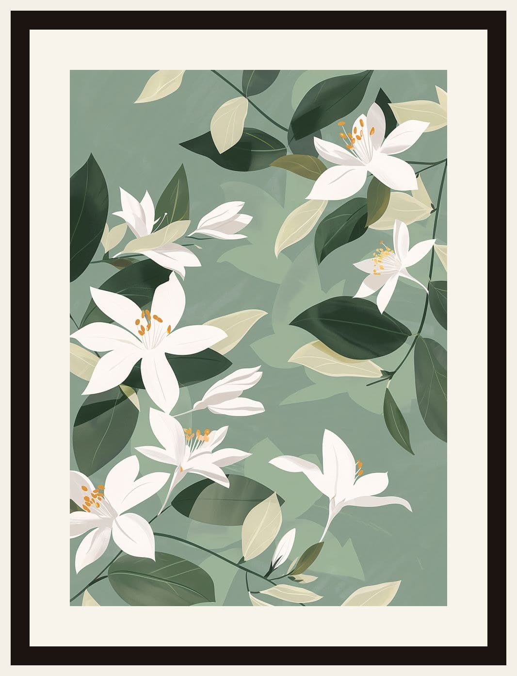 White Jasmine Flowers Sage Green Pattern