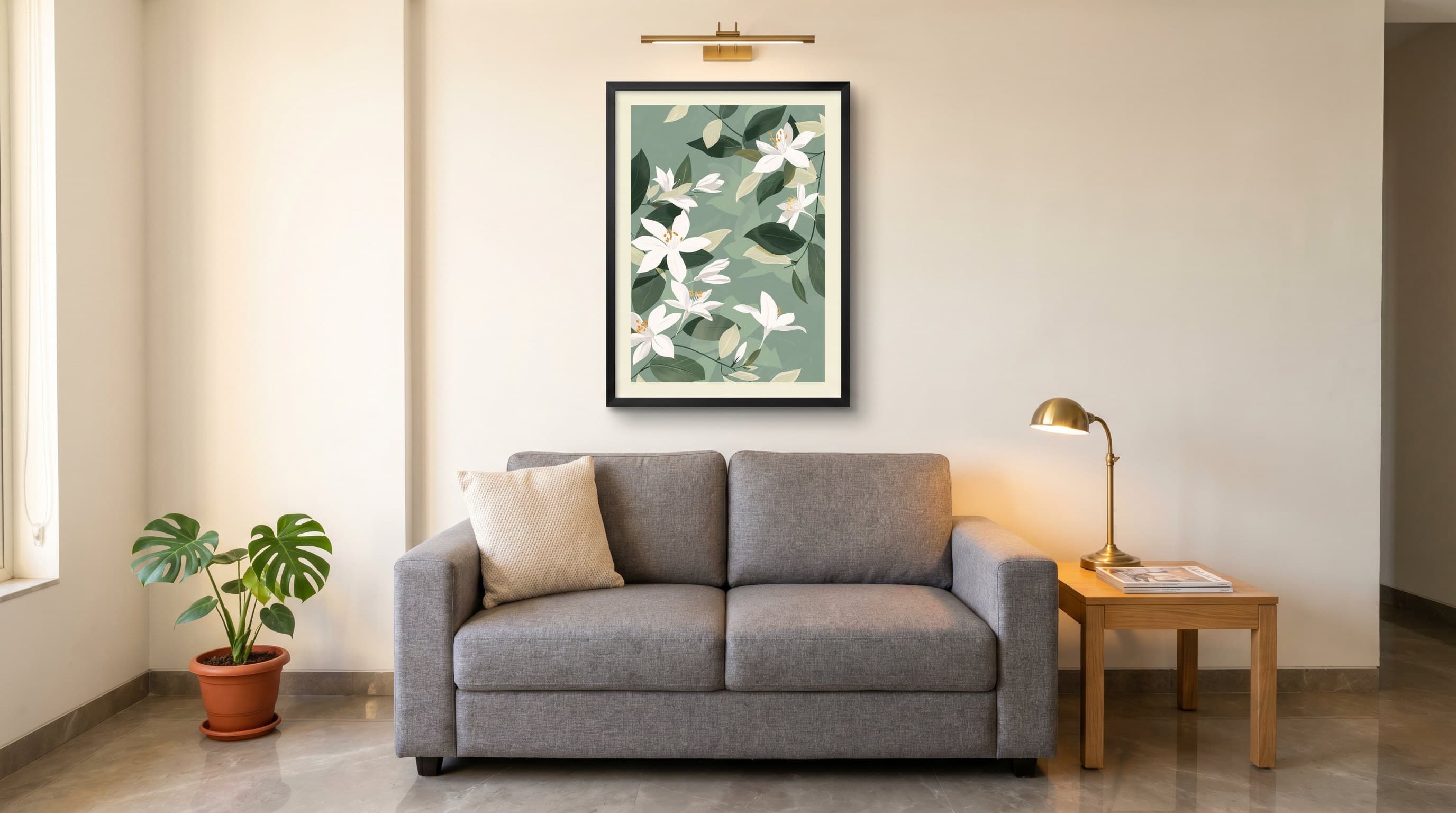 White Jasmine Flowers Sage Green Pattern — in situ